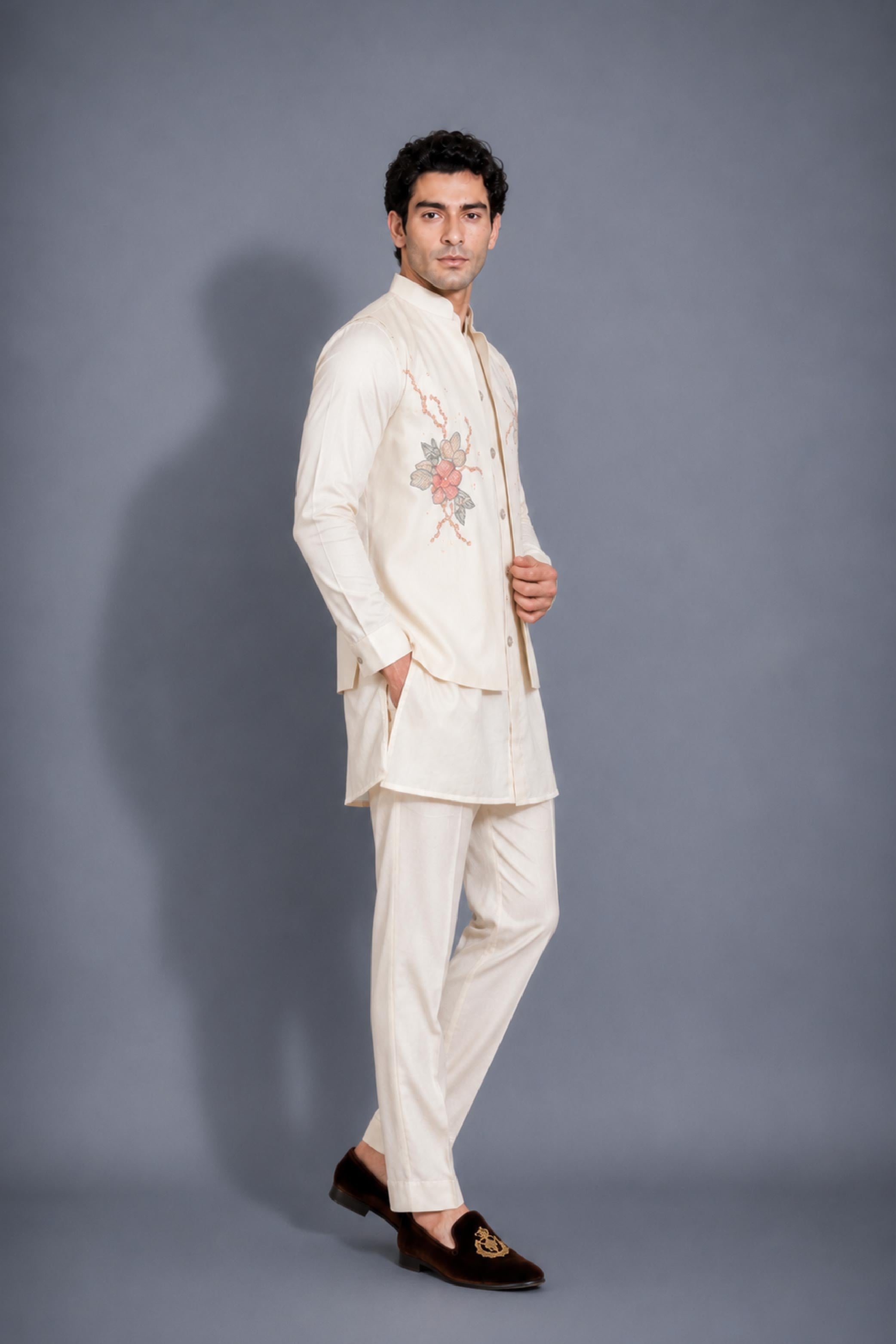 Cream Silk Embroidery Jodhpuri Designer Jacket Kurta Set for Men