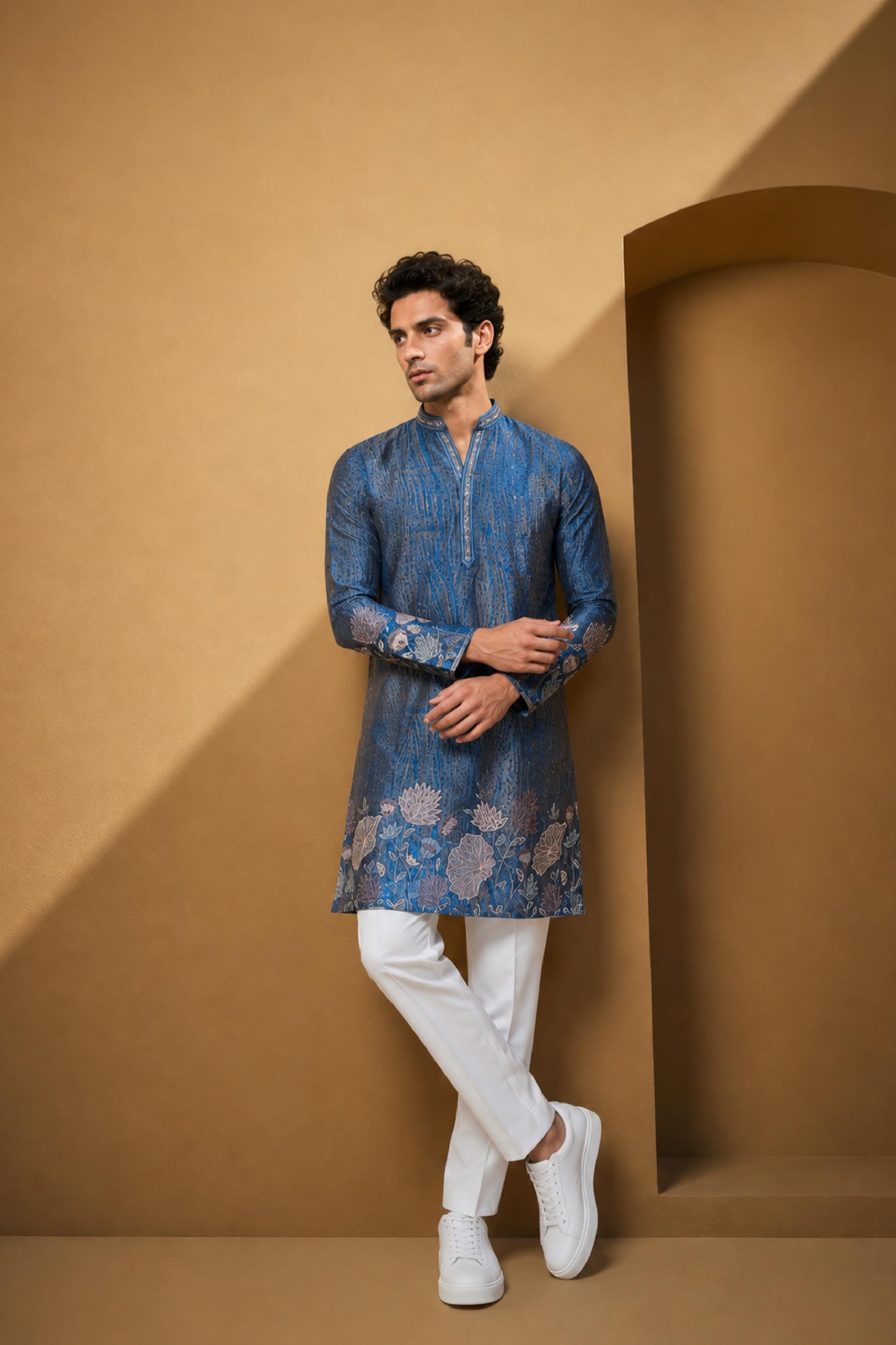 Blue Velvet Embroidery V Neck Designer Kurta Pajama Set for Men