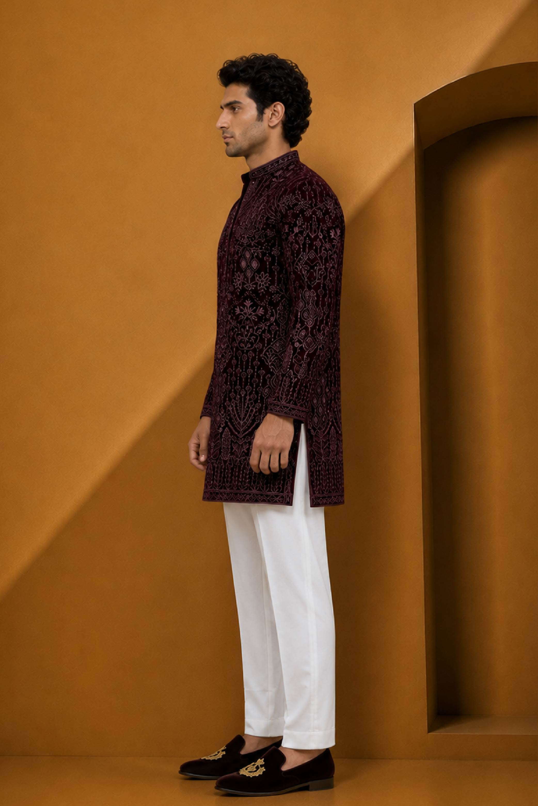 Wine Velvet Designer Kurta Pajama Set