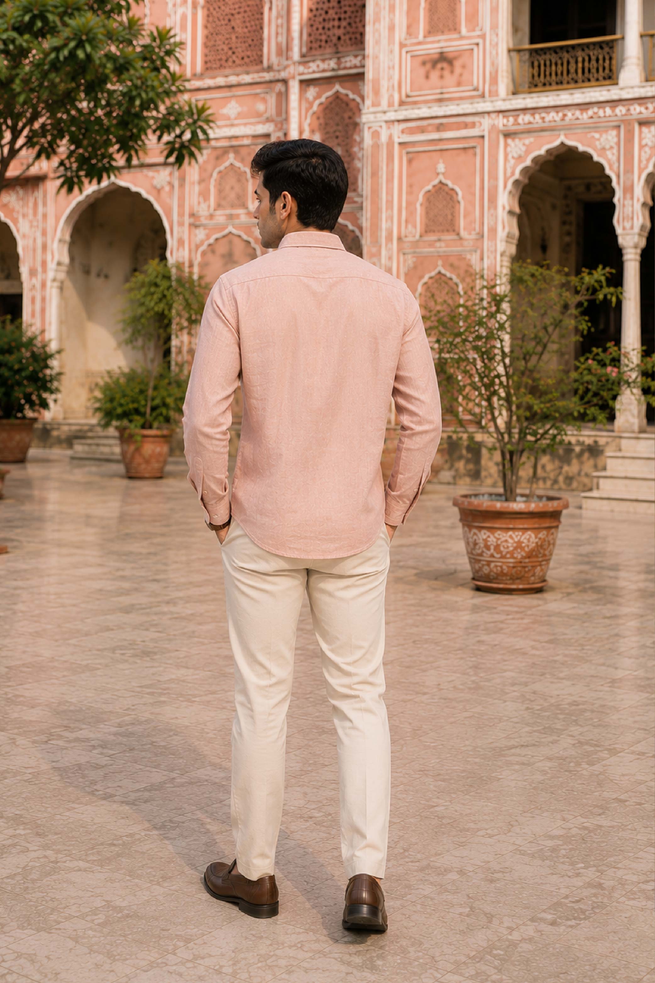 Cream Linen Embroidery Regular Collar Designer FS Shirt for Men