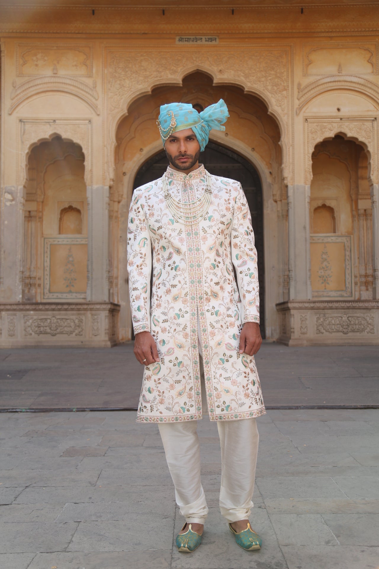 Cream Color Embroidery Sherwani for Men