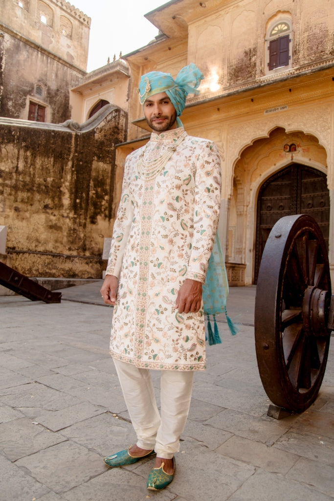 Cream Color Embroidery Sherwani for Men