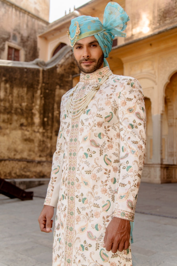 Cream Color Embroidery Sherwani for Men