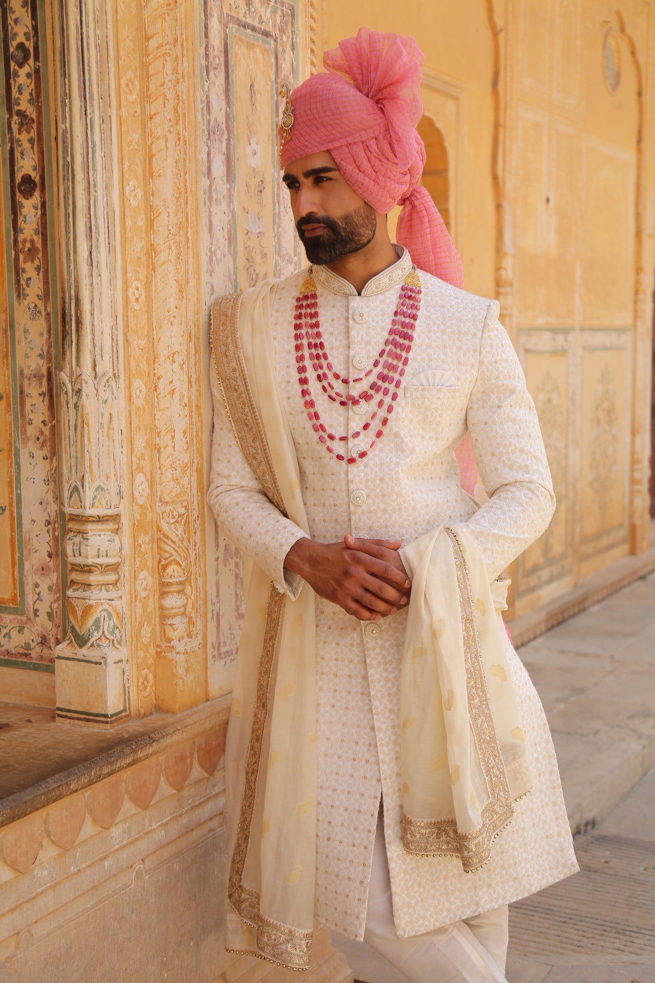 Cream Color Lakhnavi Sherwani for Men