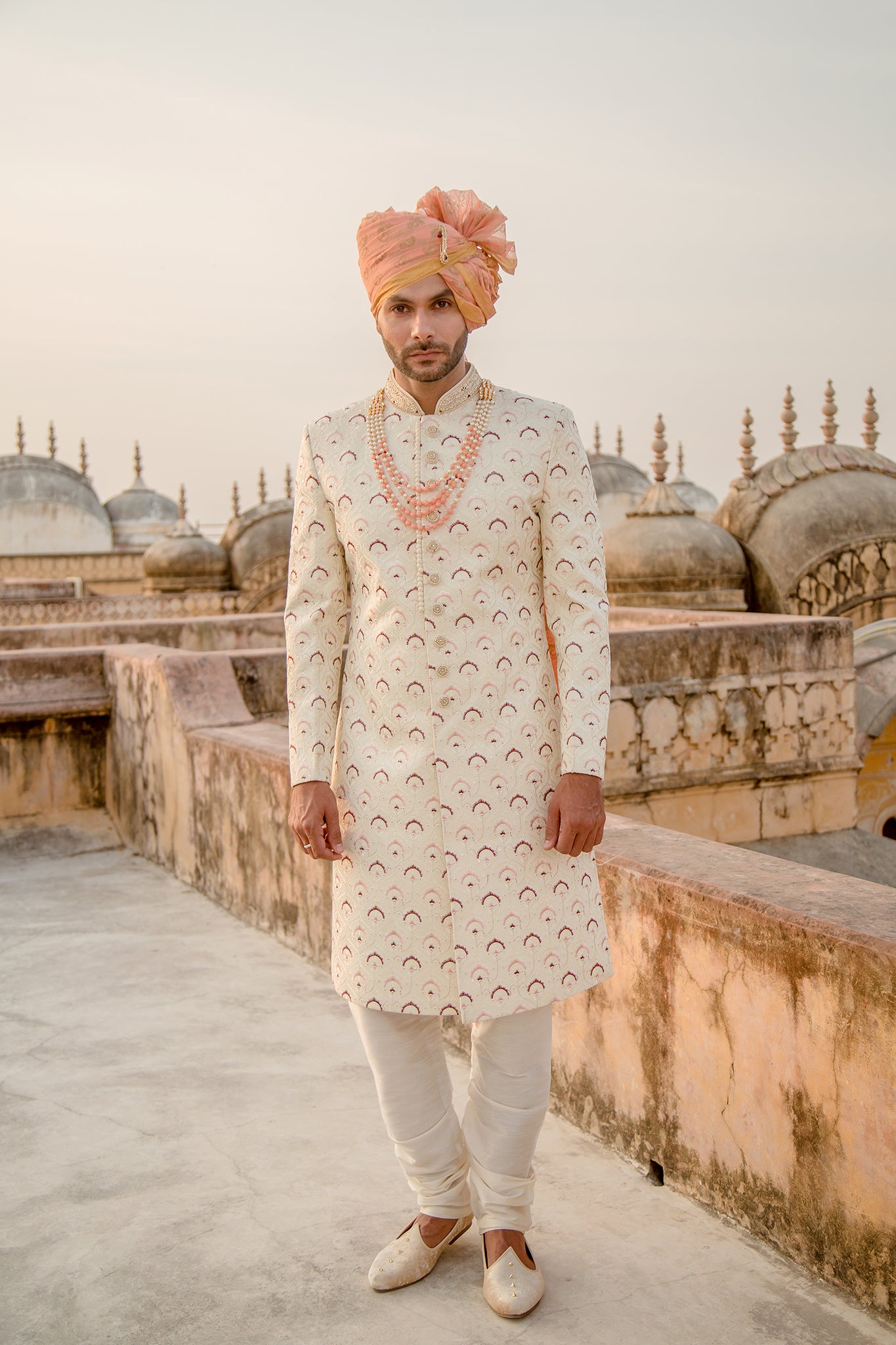 Cream Mehroon Color Sherwani for Men