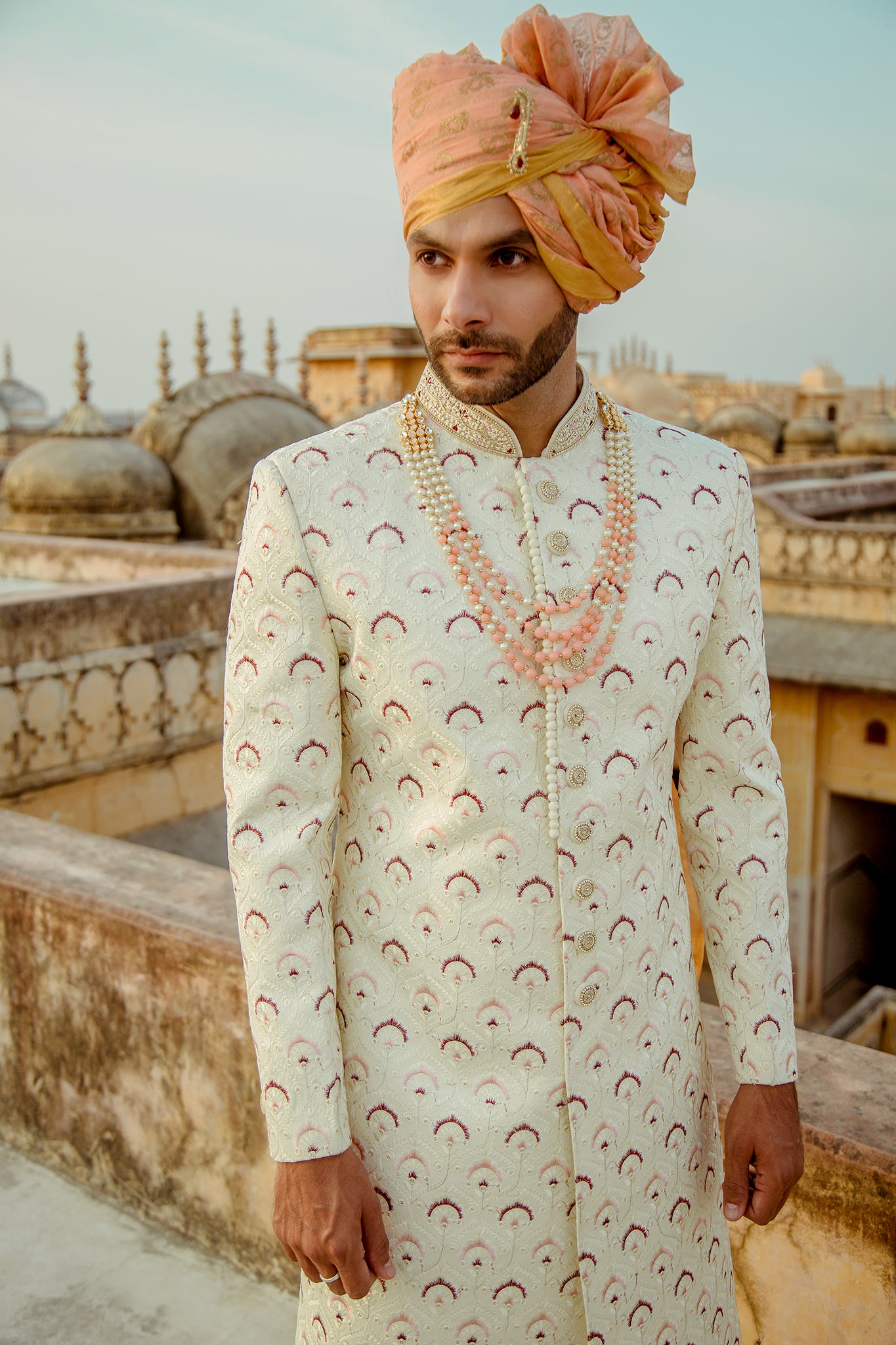 Cream Mehroon Color Sherwani for Men