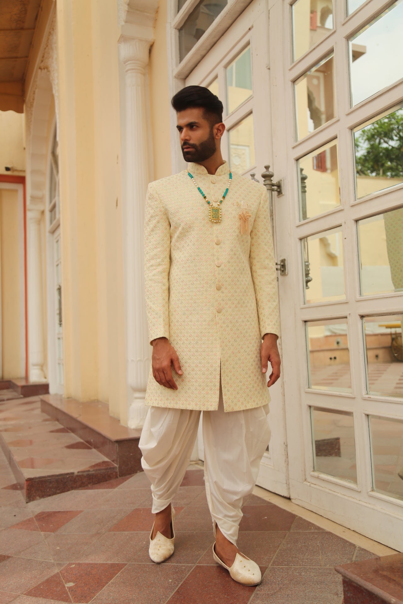 Lemon Color Embroidery Indo Western Set for Men