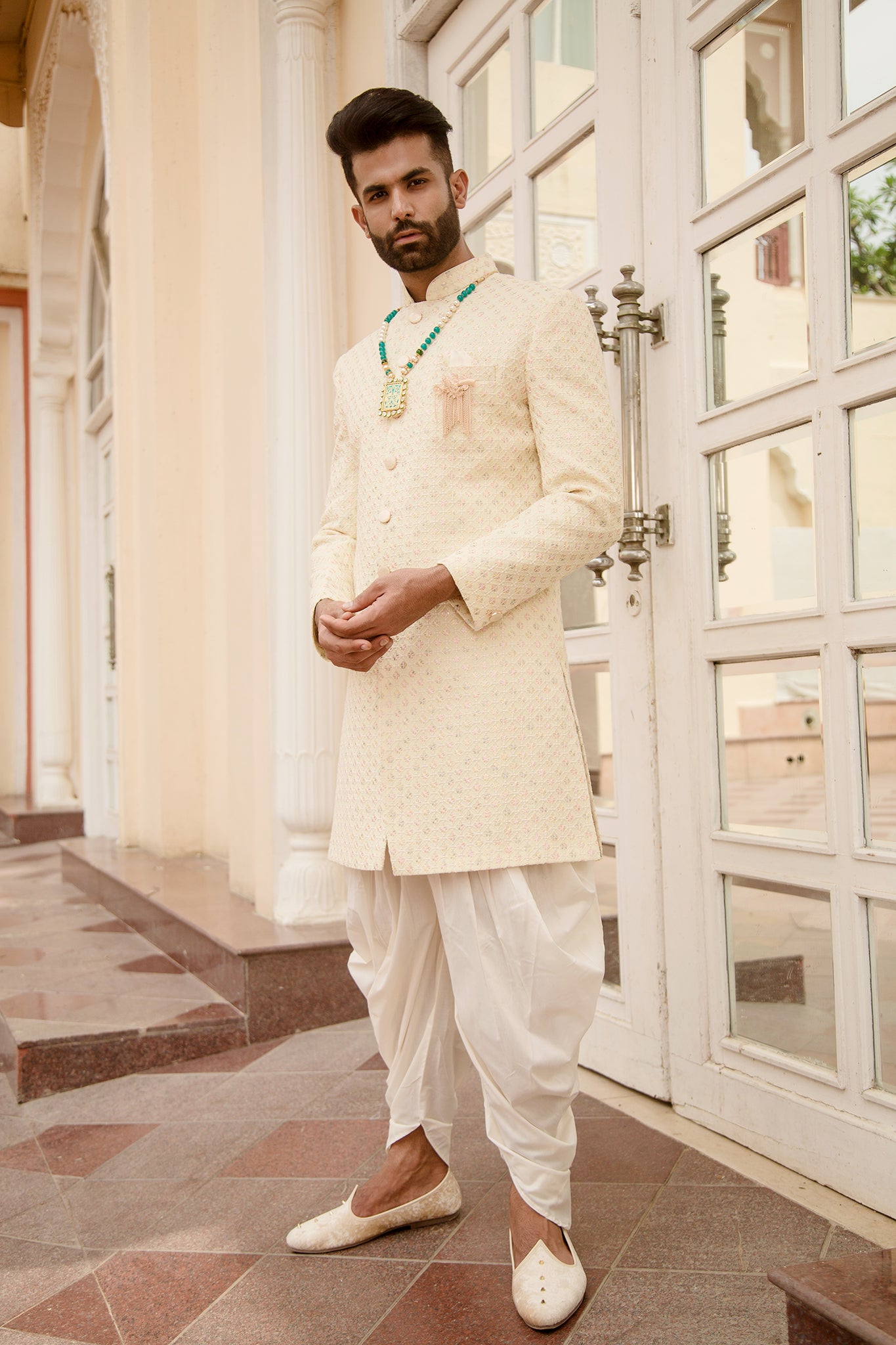 Lemon Color Embroidery Indo Western Set for Men