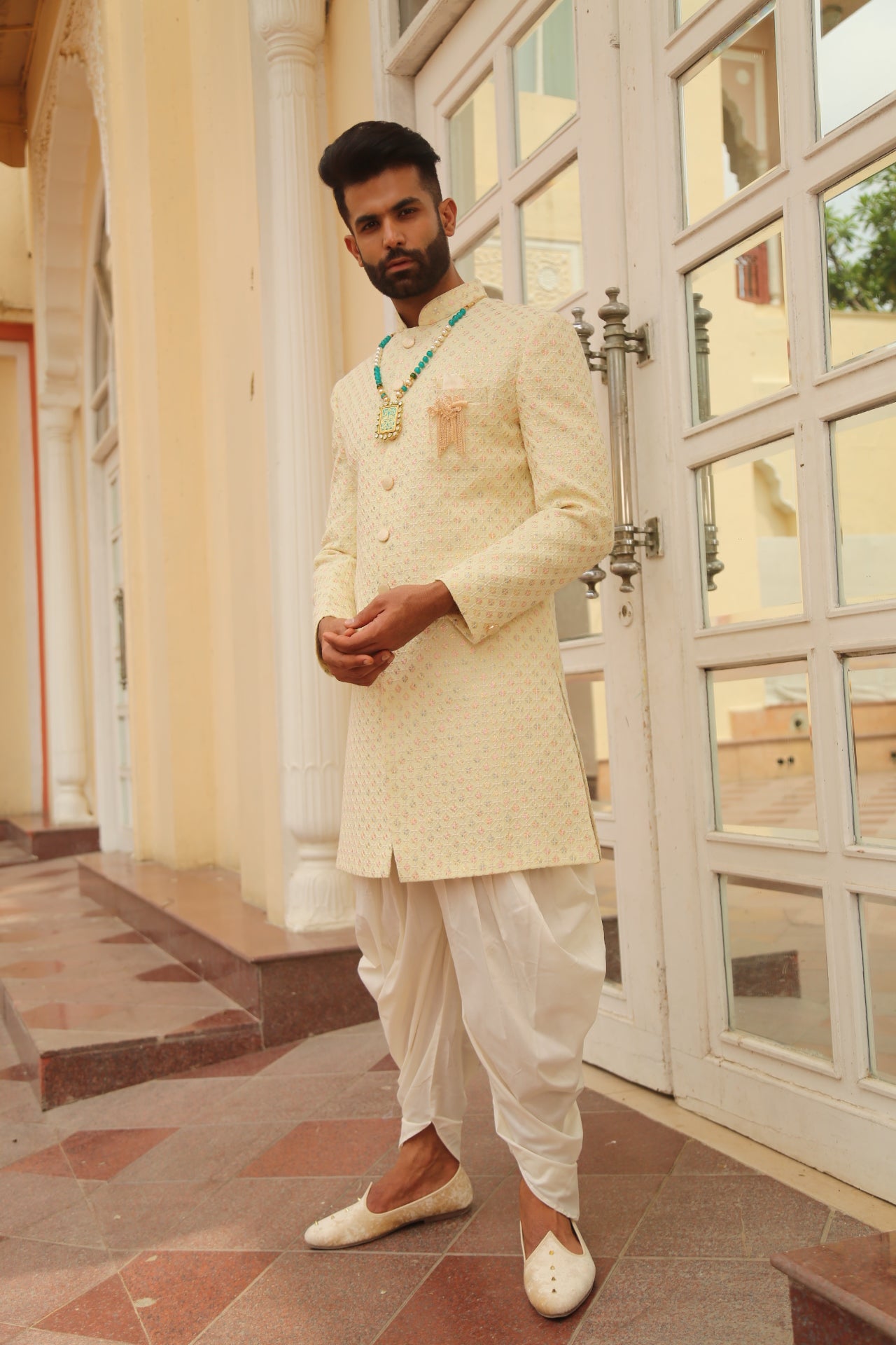 Lemon Color Embroidery Indo Western Set for Men