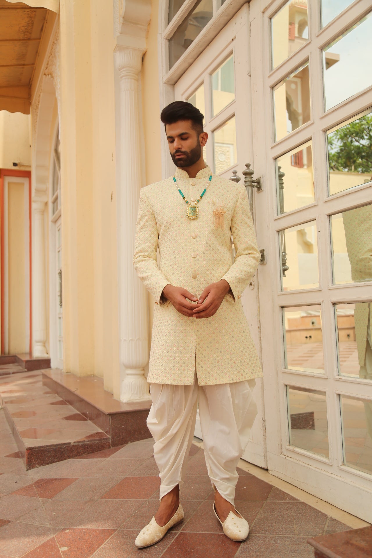 Lemon Color Embroidery Indo Western Set for Men