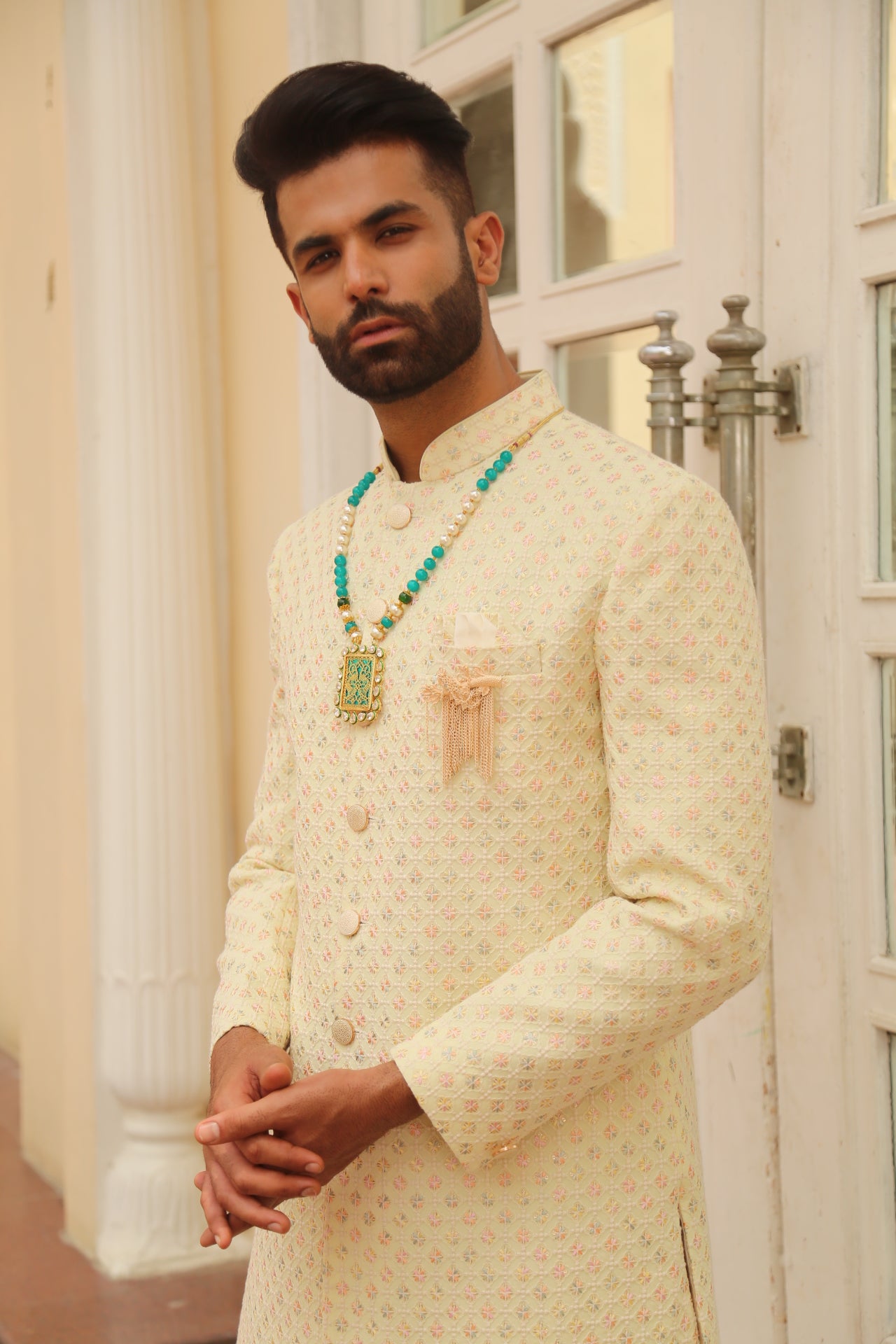 Lemon Color Embroidery Indo Western Set for Men