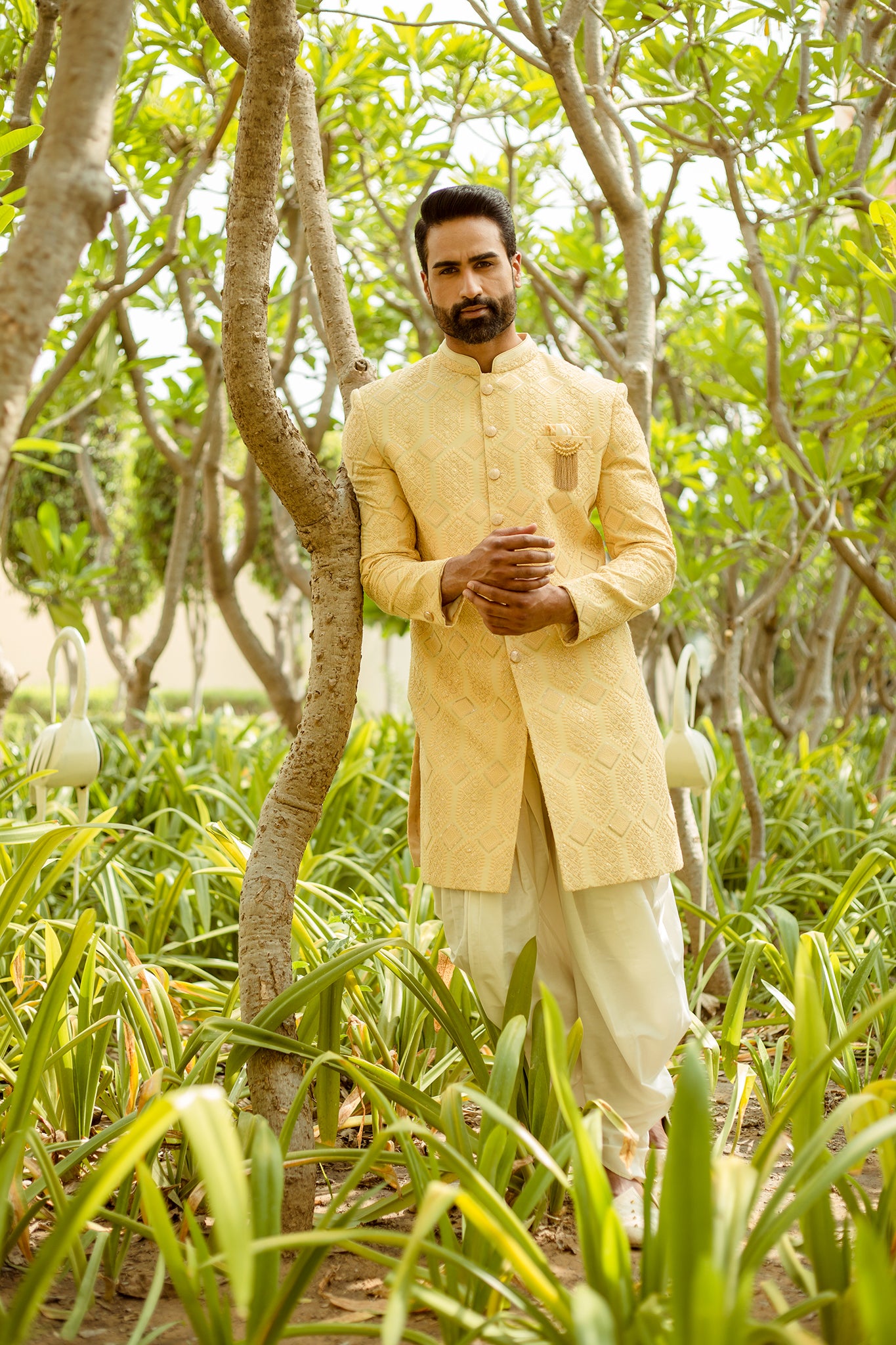 Lemon Color Embroidery Indo Western Set for Men