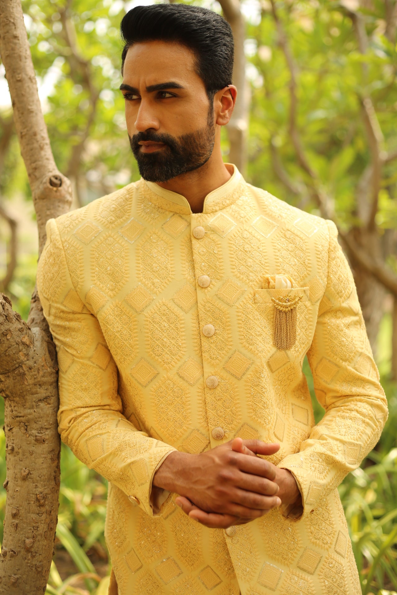 Lemon Color Embroidery Indo Western Set for Men