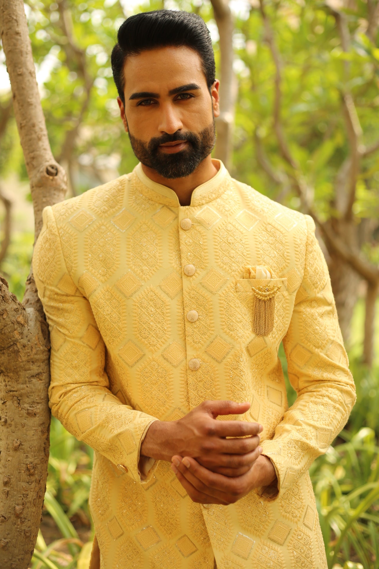 Lemon Color Embroidery Indo Western Set for Men