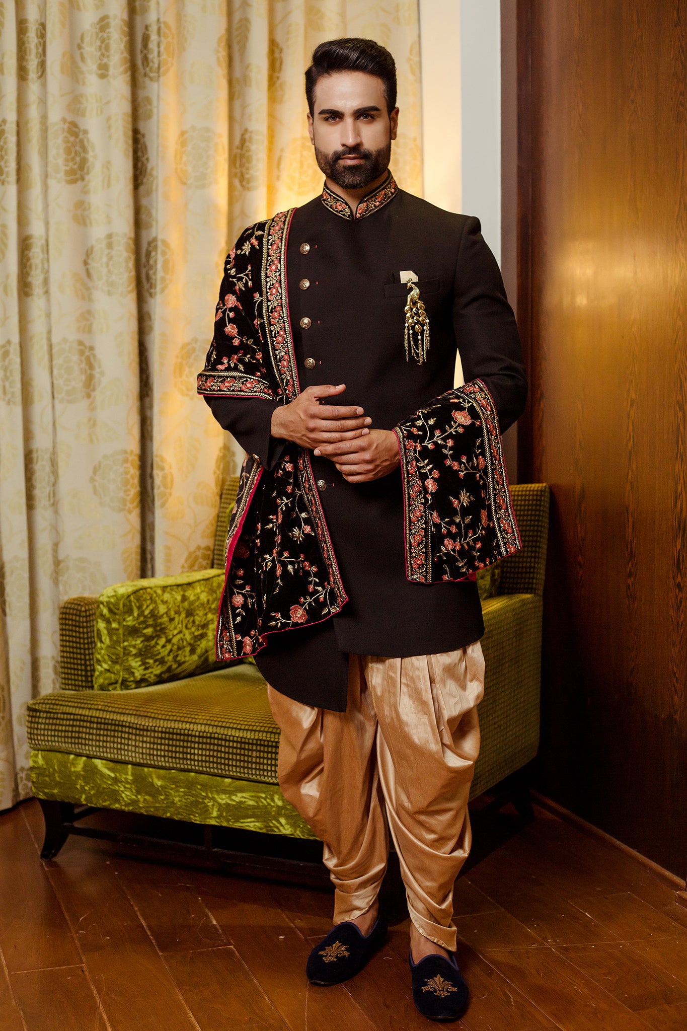 Black Color Embroidery Indo Western Set for Men