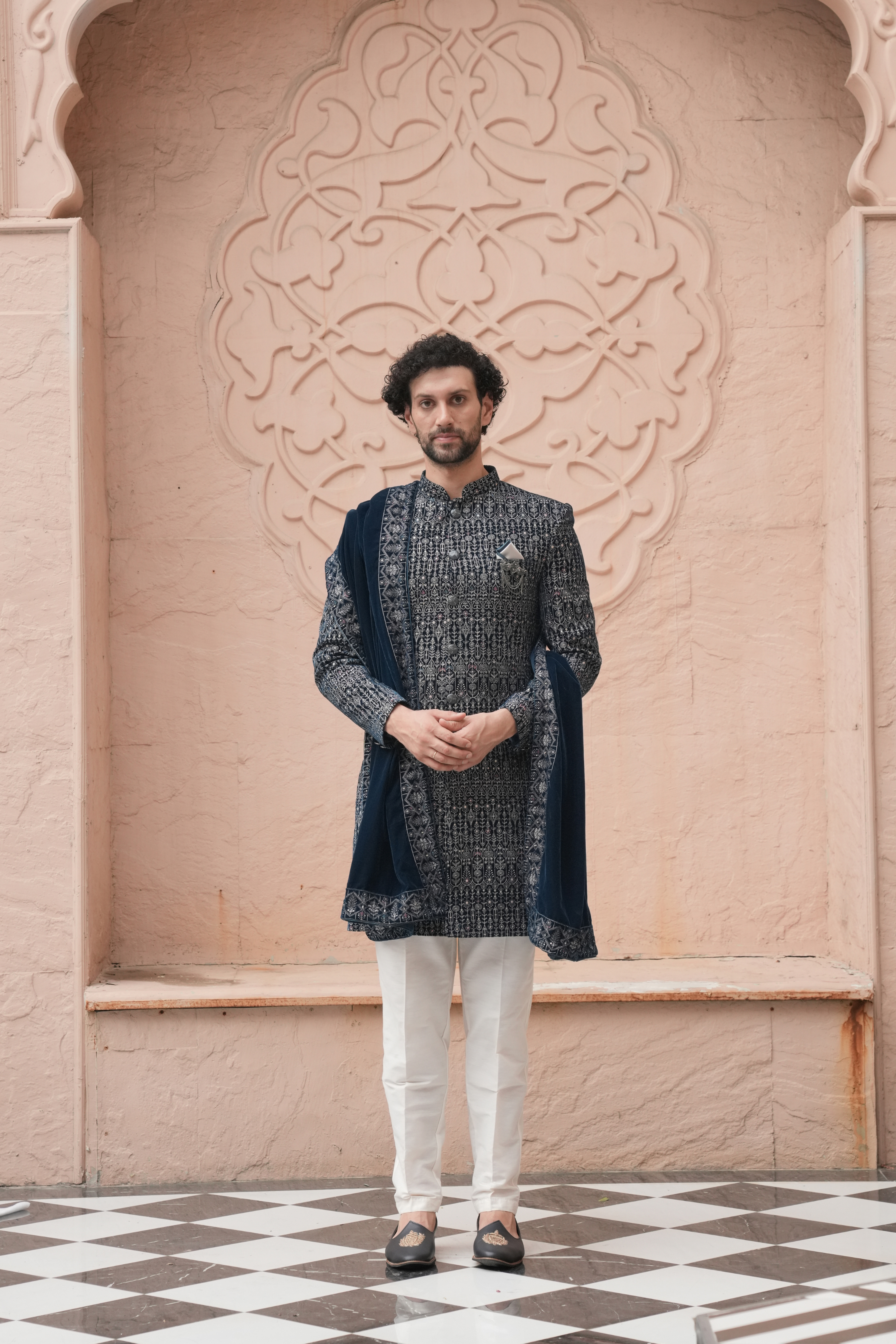 Rama Green Color Velvet Indo Western Set for Men