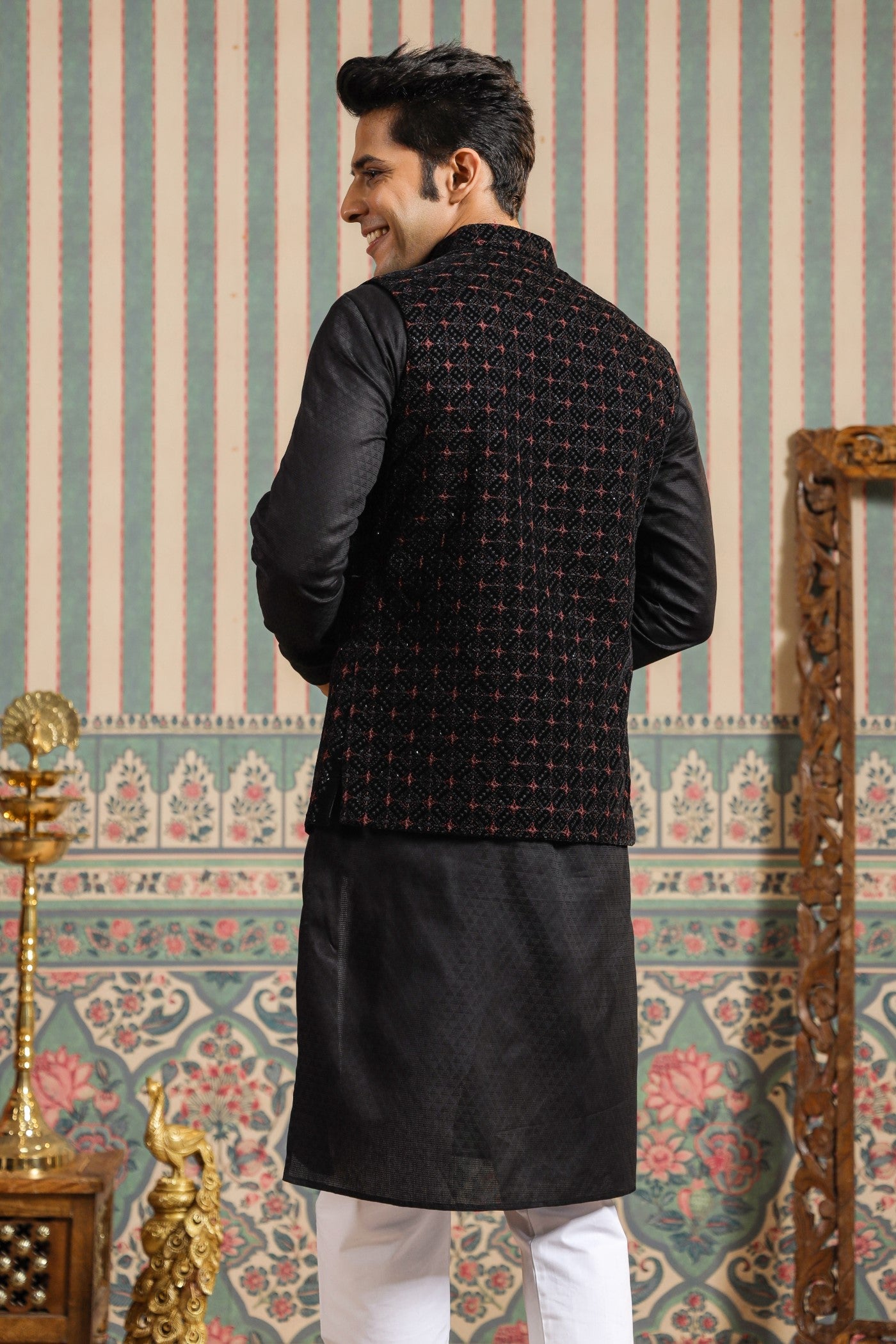 Black Embroidery Waist Coat For Men