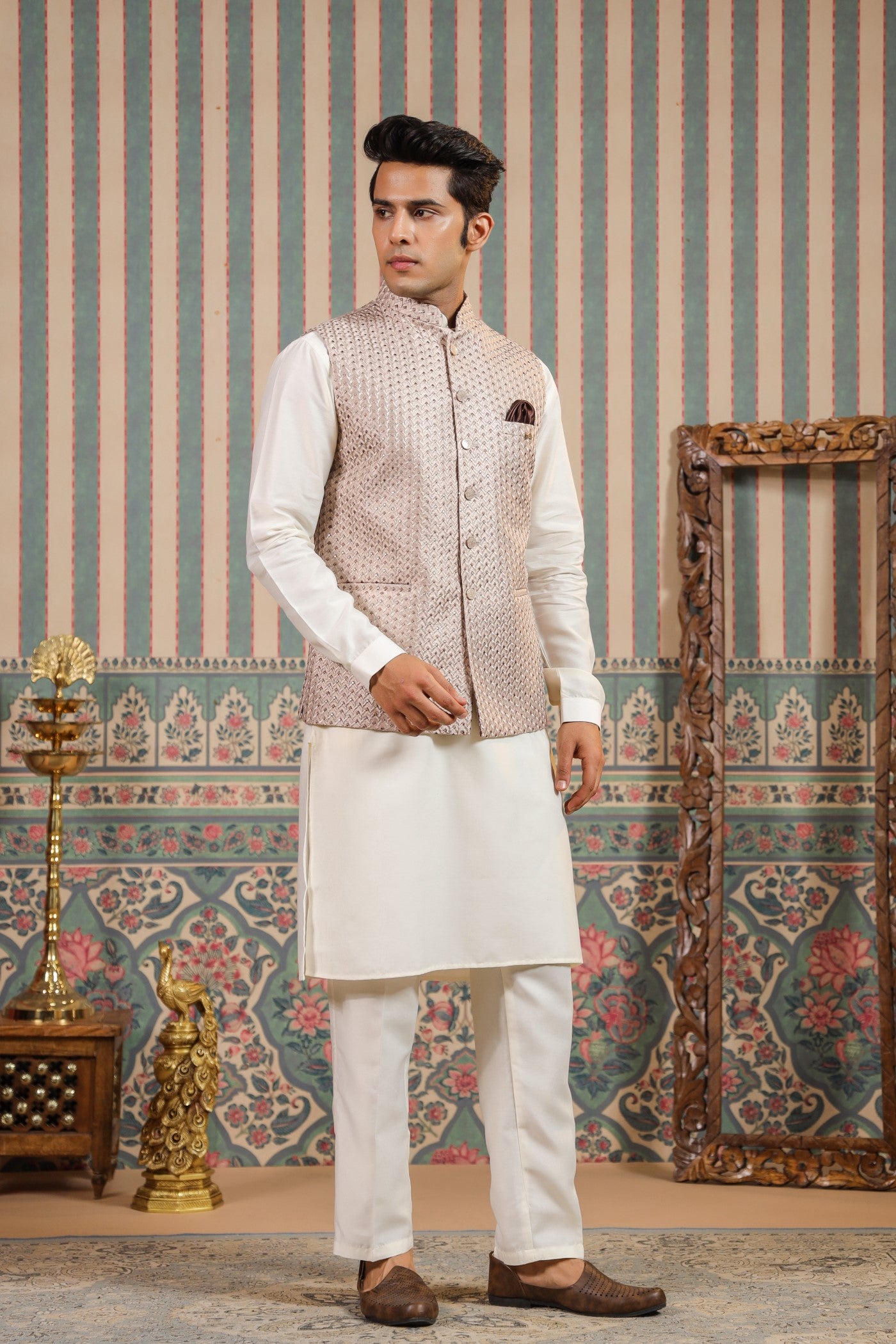 Peach Color Embroidery Waist Coat For Men