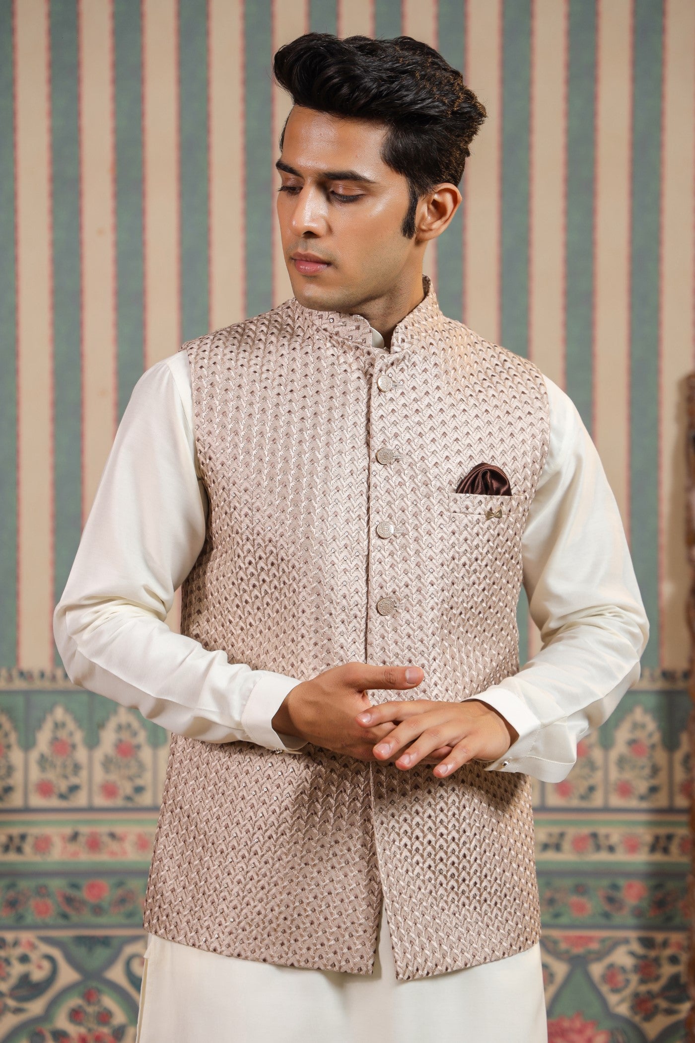 Peach Color Embroidery Waist Coat For Men