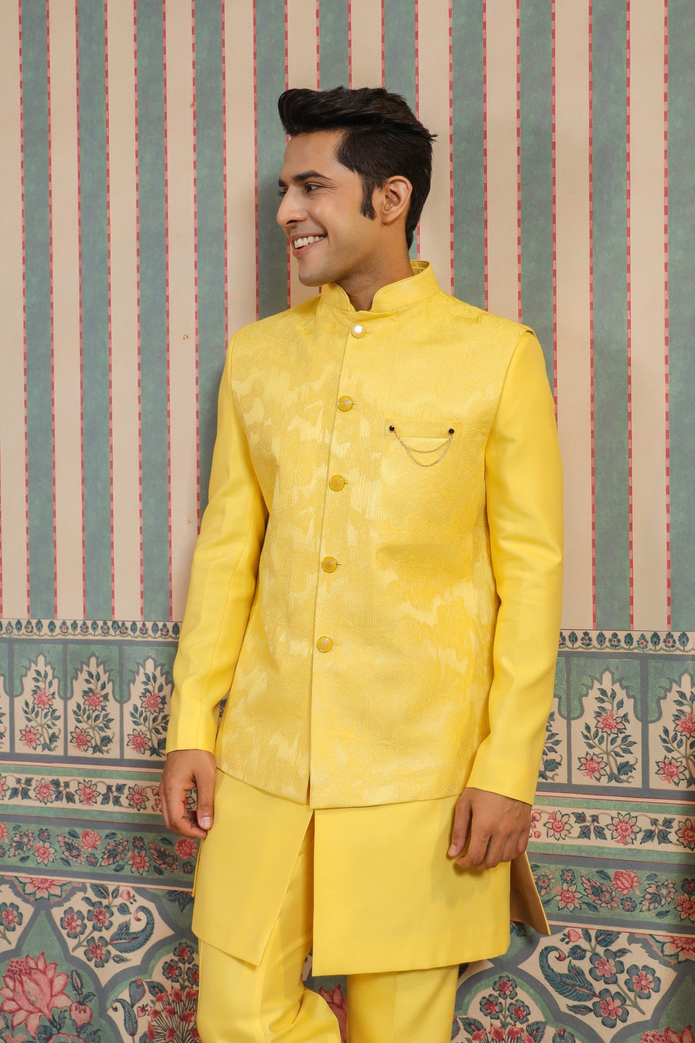 Indo Western Yellow Color Jacket Kurta Set For Wedding