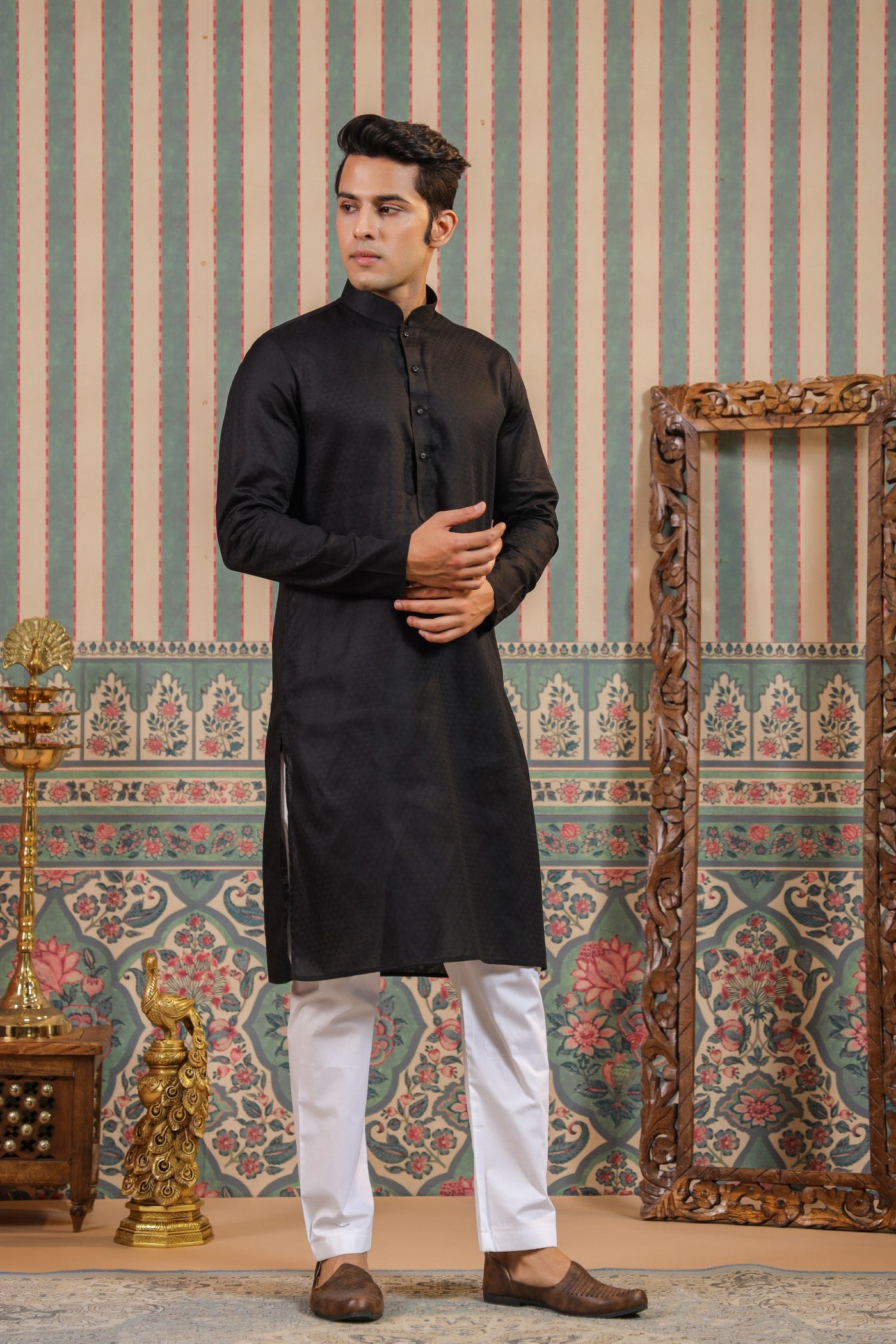 Black Color Plain Kurta Pajama For Men