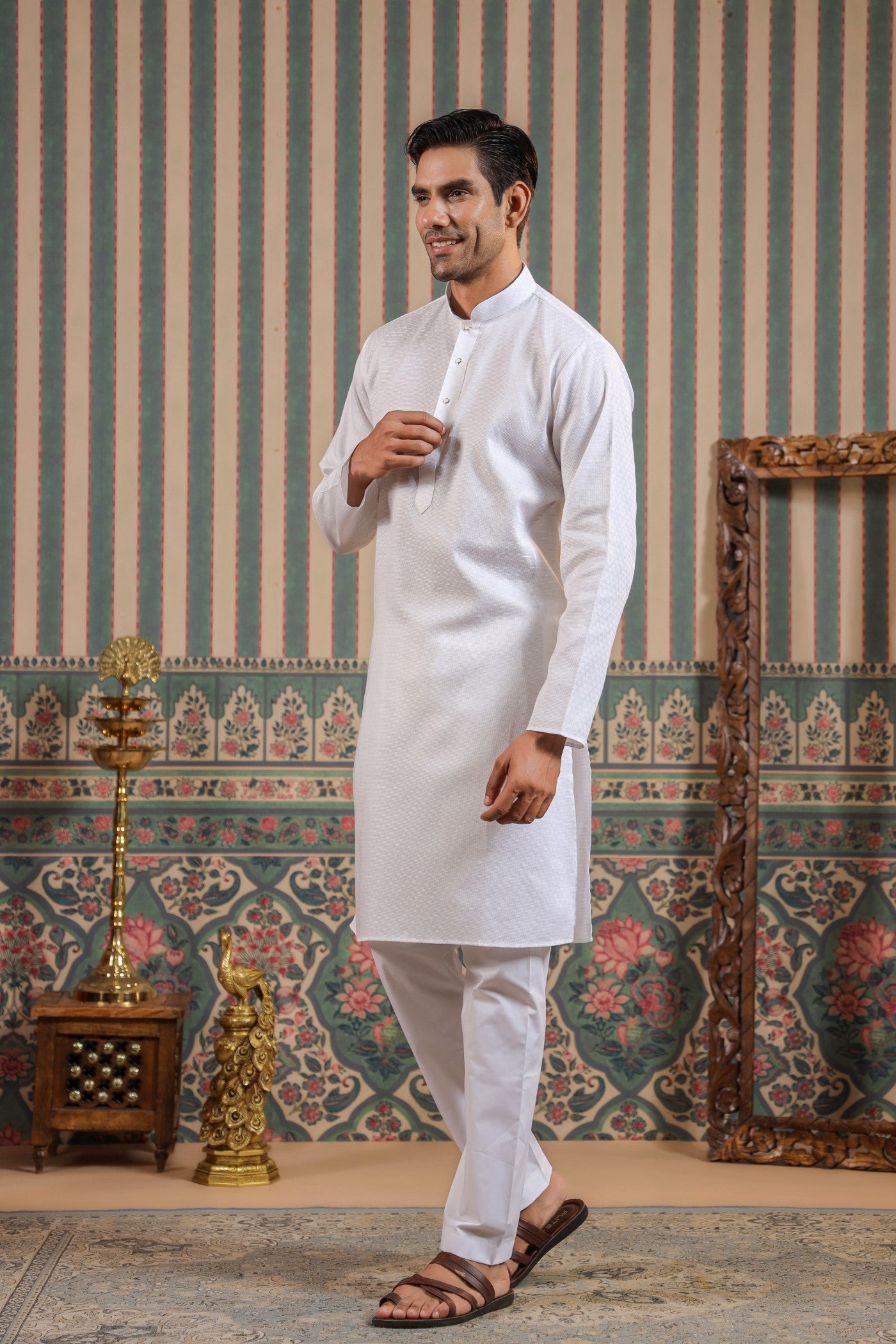 White Color Plain Kurta Pajama For Men
