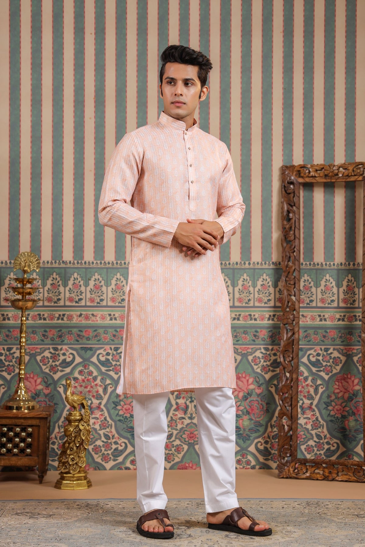 Men Peach-Coloured & White Printed Pure Cotton Straight Kurta With Pyjama main image 1