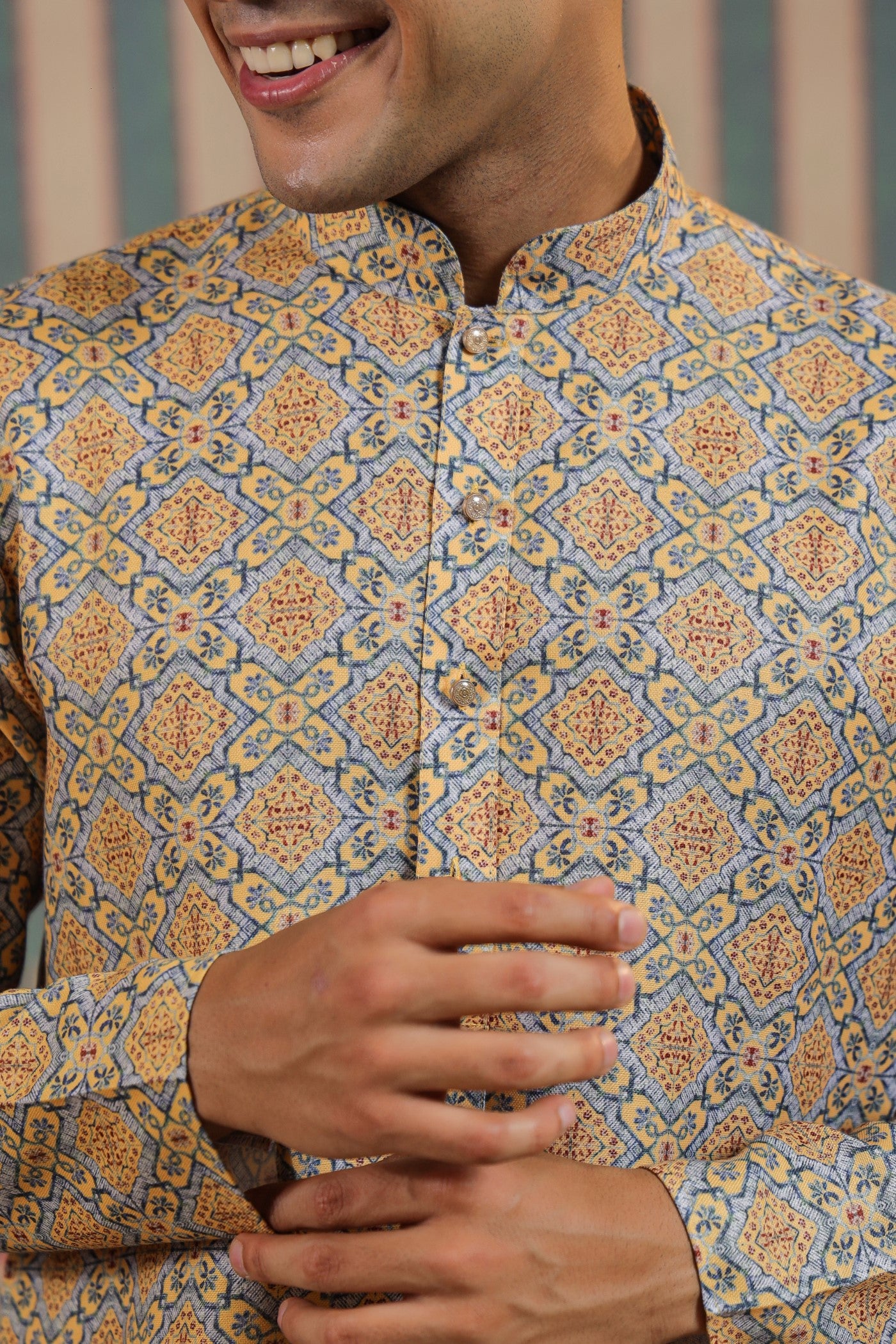 Mustard Print Cotton Kurta Pajama For Men