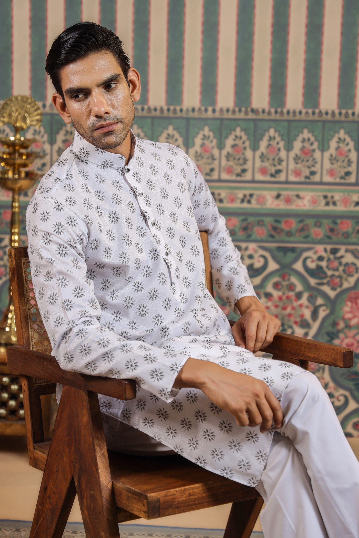 White Black Cotton Kurta Pajama For Men