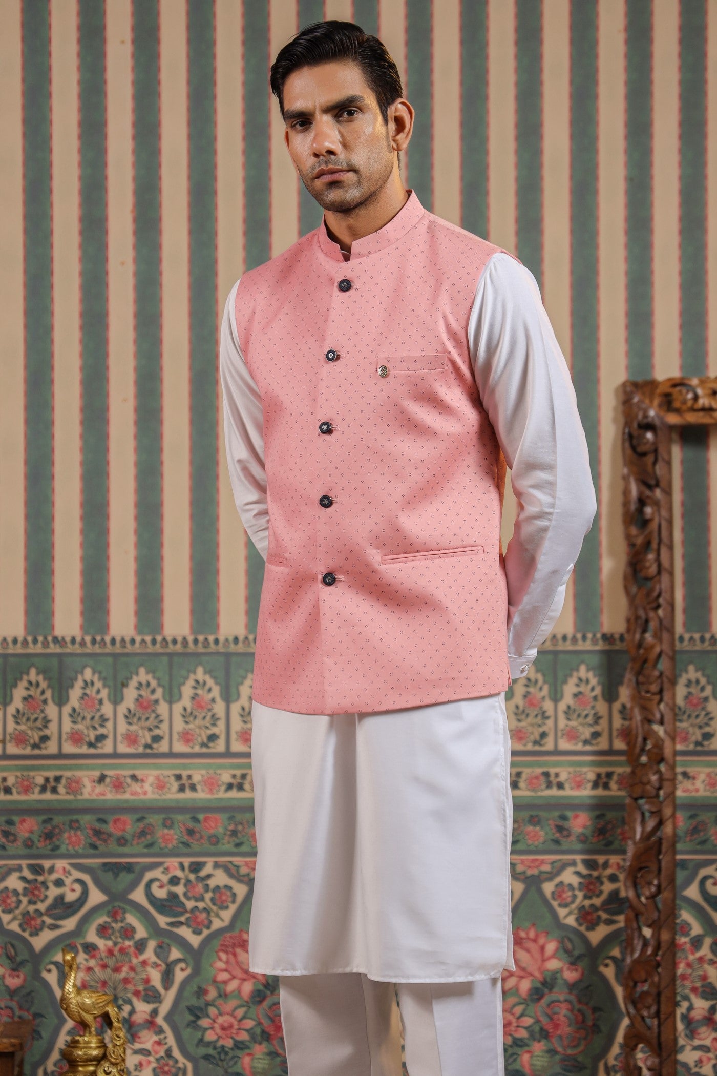 Buy Fabindia Peach Viscose Silk Woven Nehru Jacket at Redfynd