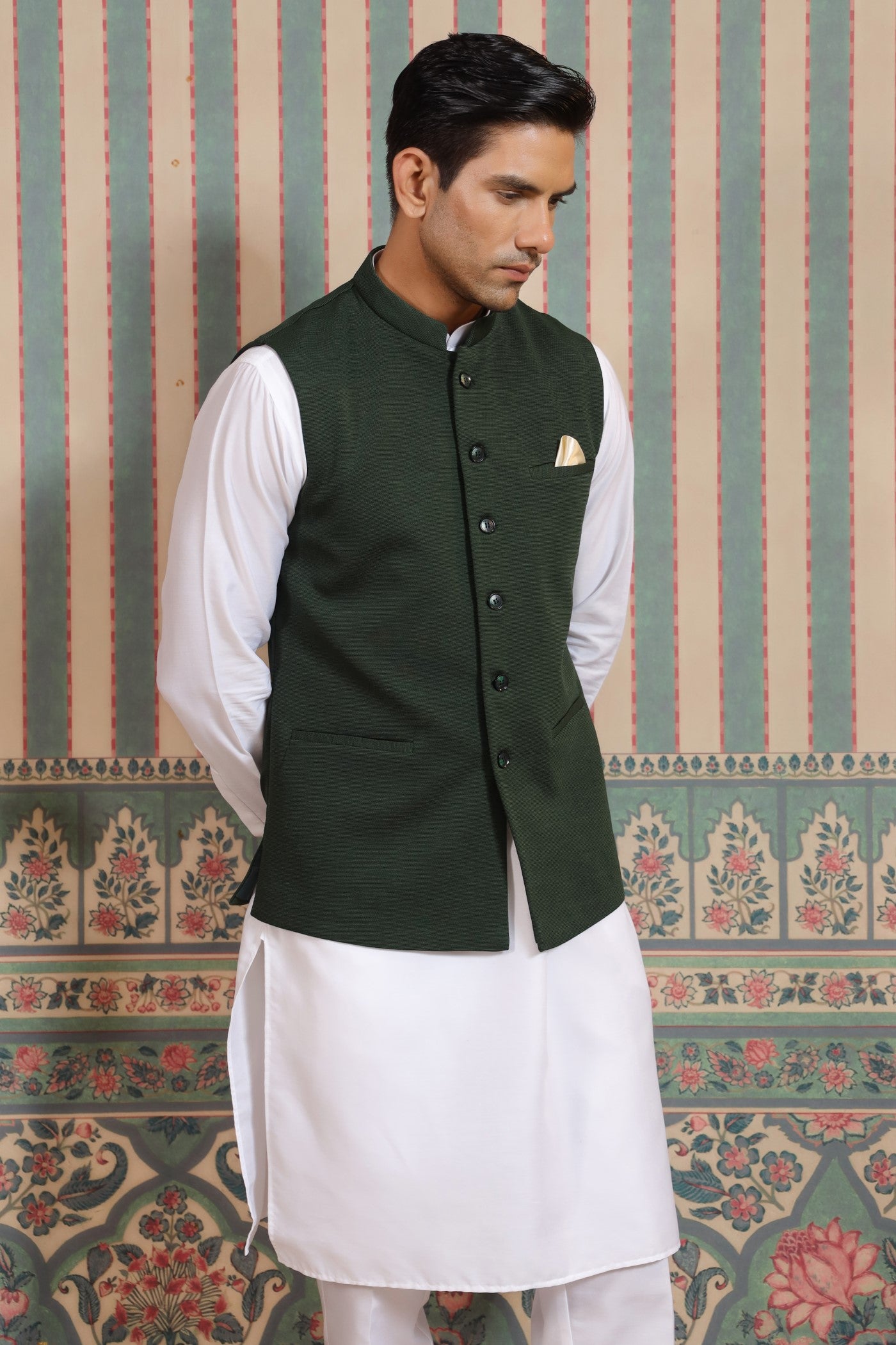 Green Color Formal Plain Waist Coat For Men