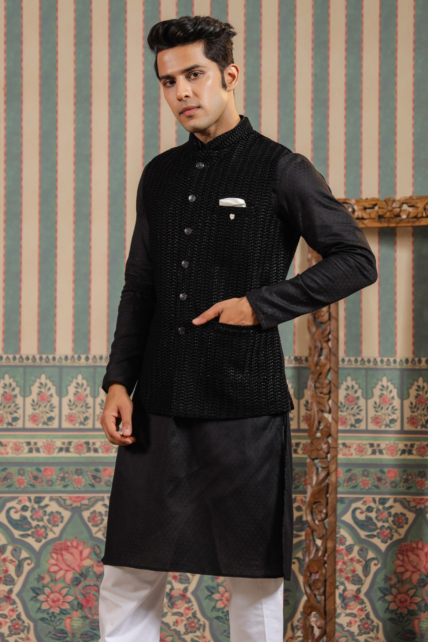Black Color Embroidery Velvet Waist Coat For Men