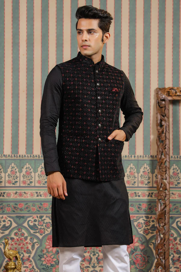 Rama Green Embroidery Waist Coat For Men