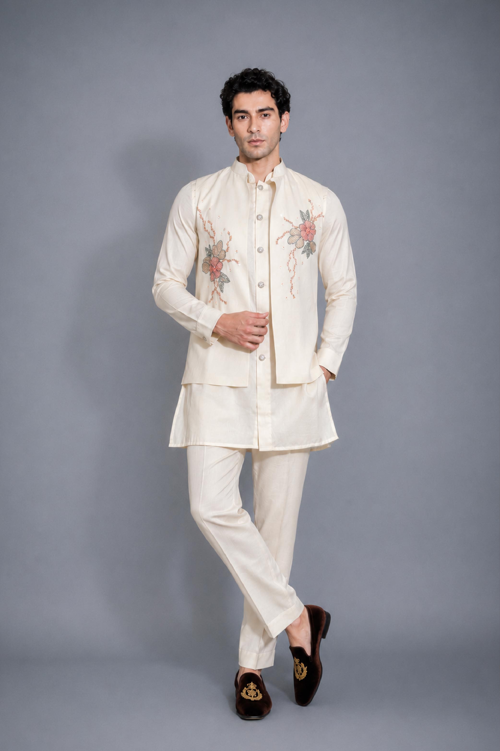 Cream Silk Embroidery Jodhpuri Designer Jacket Kurta Set for Men