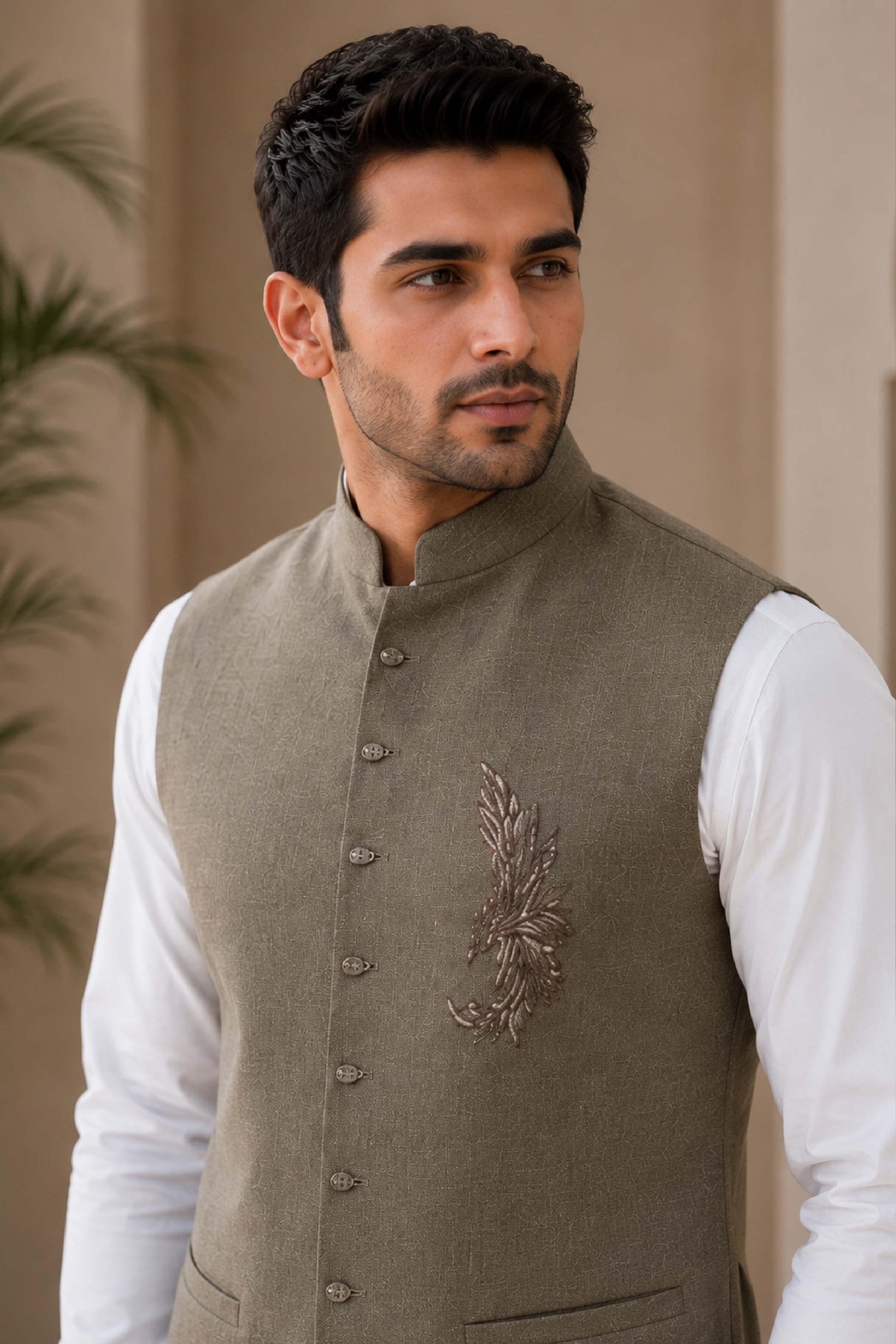 Mehandi Jute Linen Embroidery Jodhpuri Designer Summer Suit for Men
