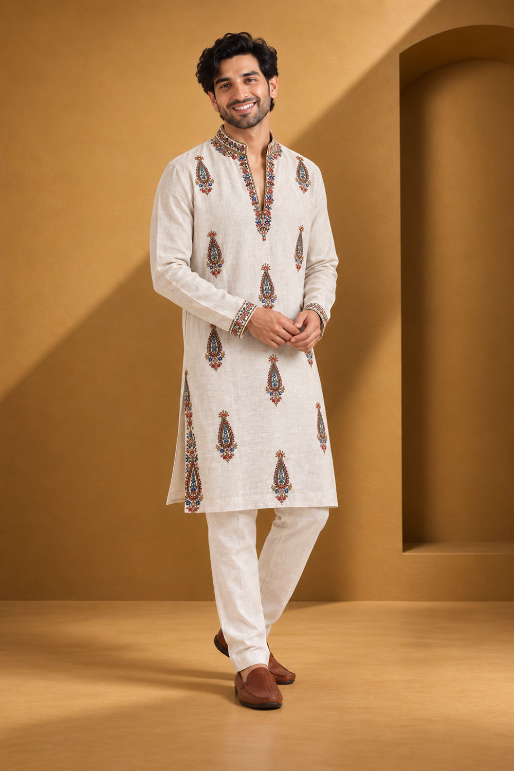 Party Wear Kurta Pajama in Natural with Parallel Pant