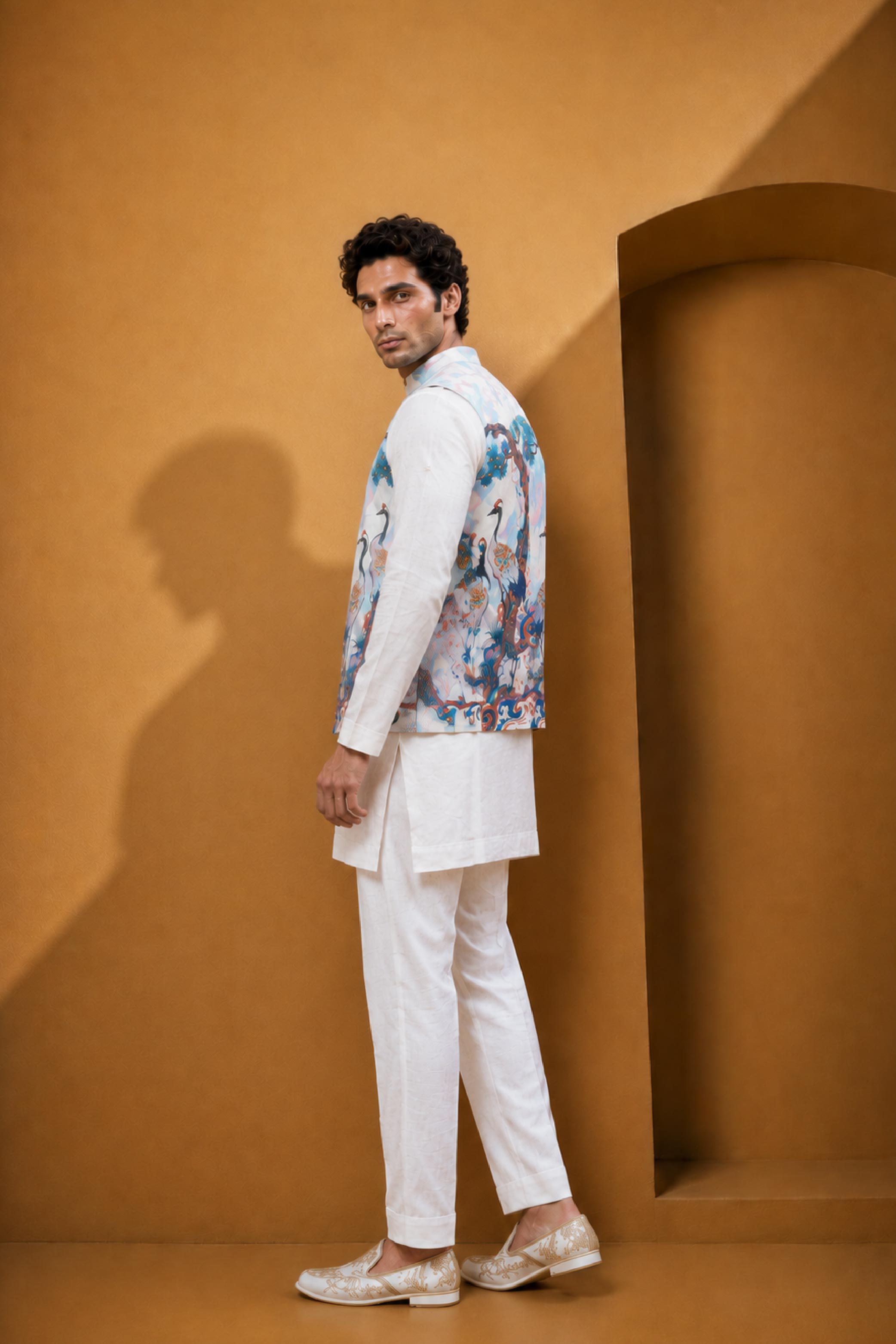 Natural Multi Cotton Print Jodhpuri Designer Summer Suit for Men