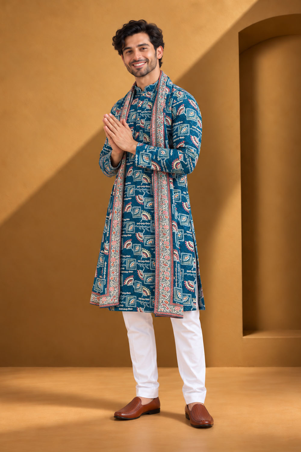 Party Wear Kurta Pajama in Ferozi Embroidery with Dupatta