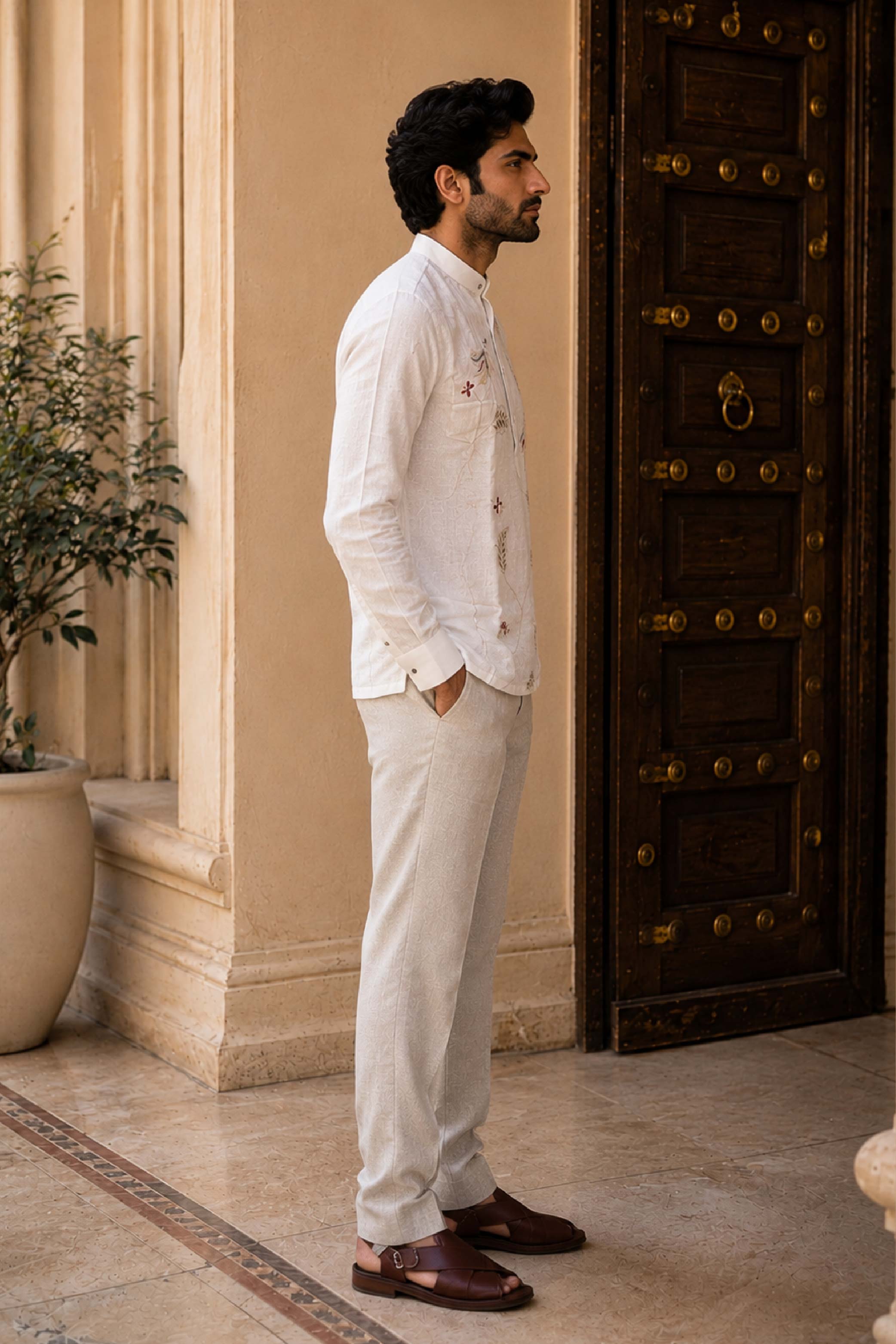 White Linen Embroidery Chinese Collar Designer FS Kurta for Men
