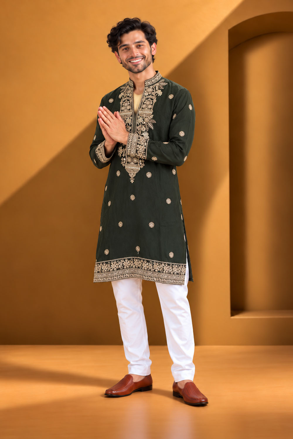 Party Wear Kurta Pajama in Mehandi with Dupatta