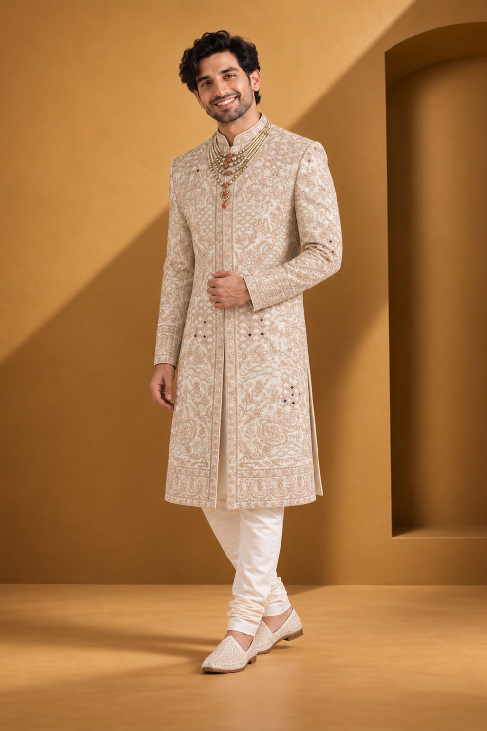 Fawn Multi TR Designer Wedding Sherwani for Men with Mirror Work