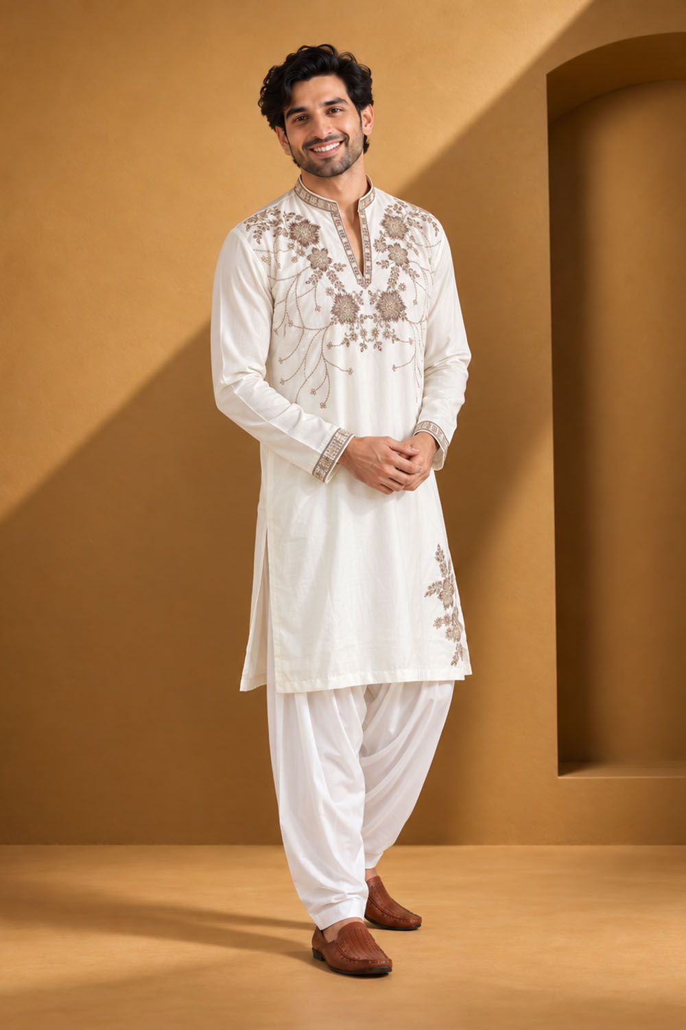 Party Wear Kurta Pajama in Camel Designer Style