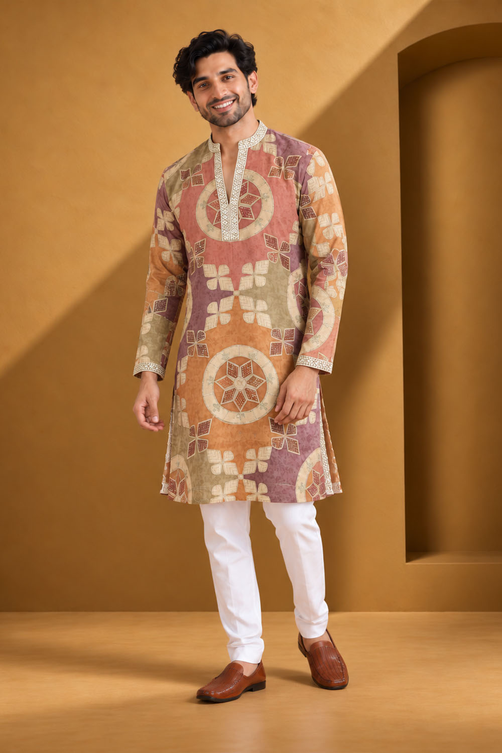 Party Wear Kurta Pajama in Onion Multi with Parallel Pant