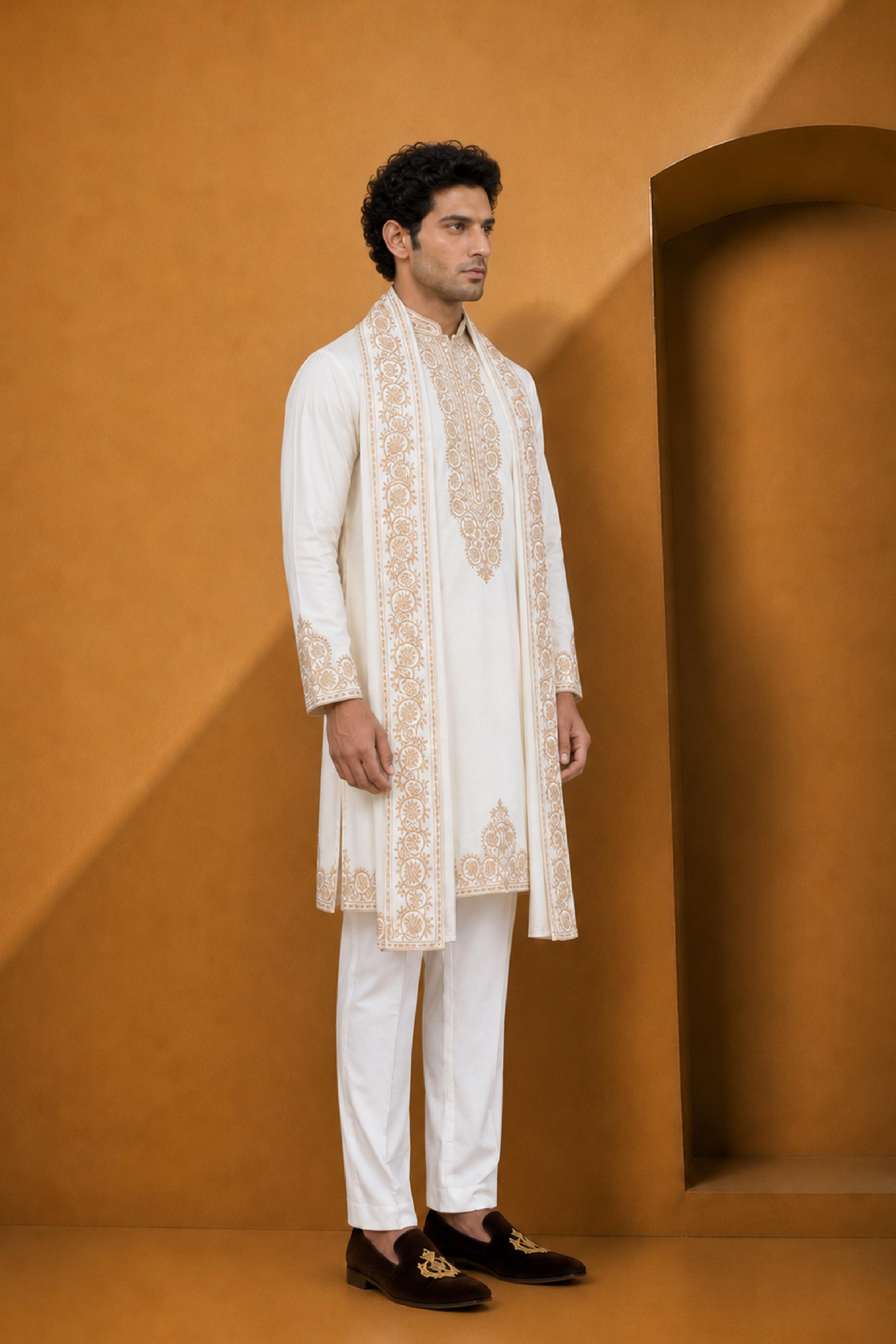 Cream Polynosic Embroidered Kurta Pajama Set with Dupatta