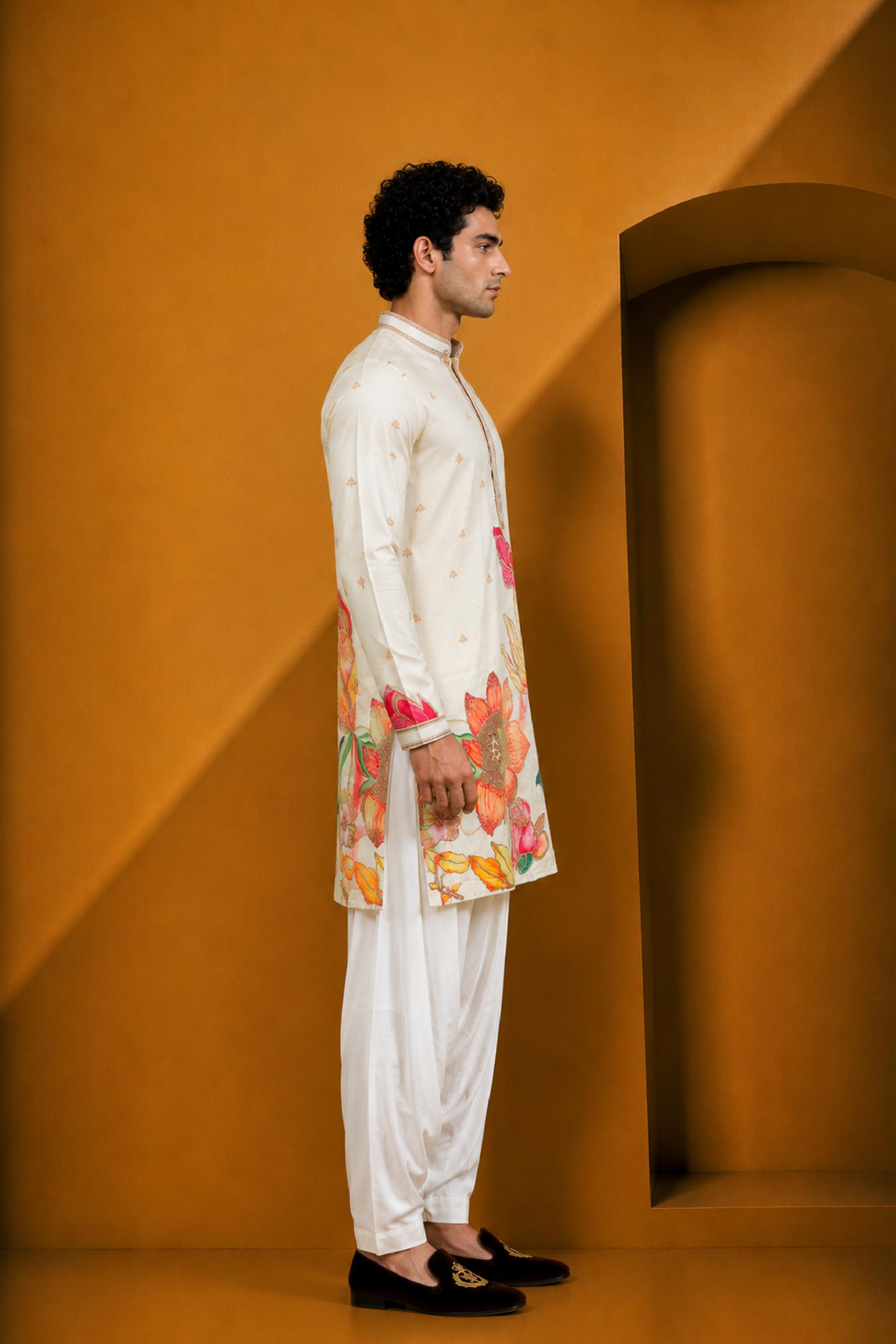 Cream Multi Silk Embroidery Jodhpuri Afghani Kurta Pajama Set for Men