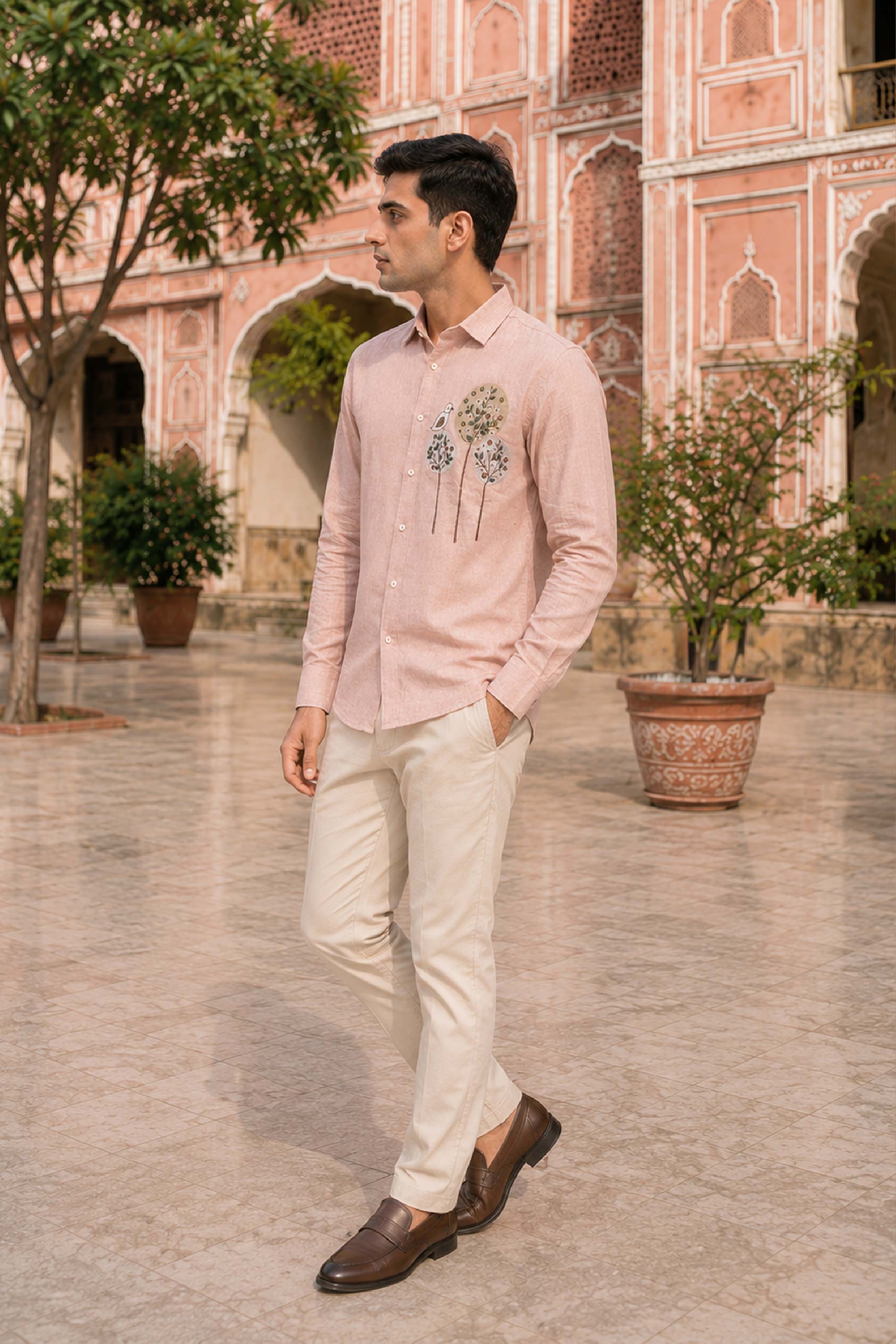 Cream Linen Embroidery Regular Collar Designer FS Shirt for Men