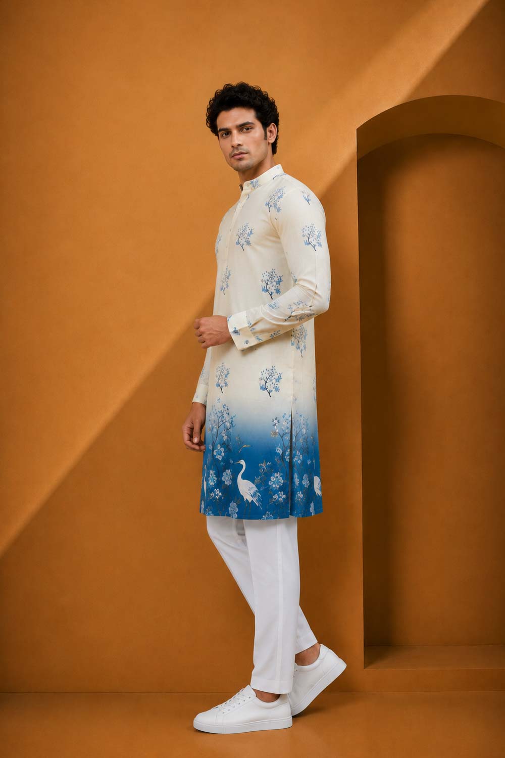 Blue Cotton Print Jodhpuri Designer Summer Suit for Men