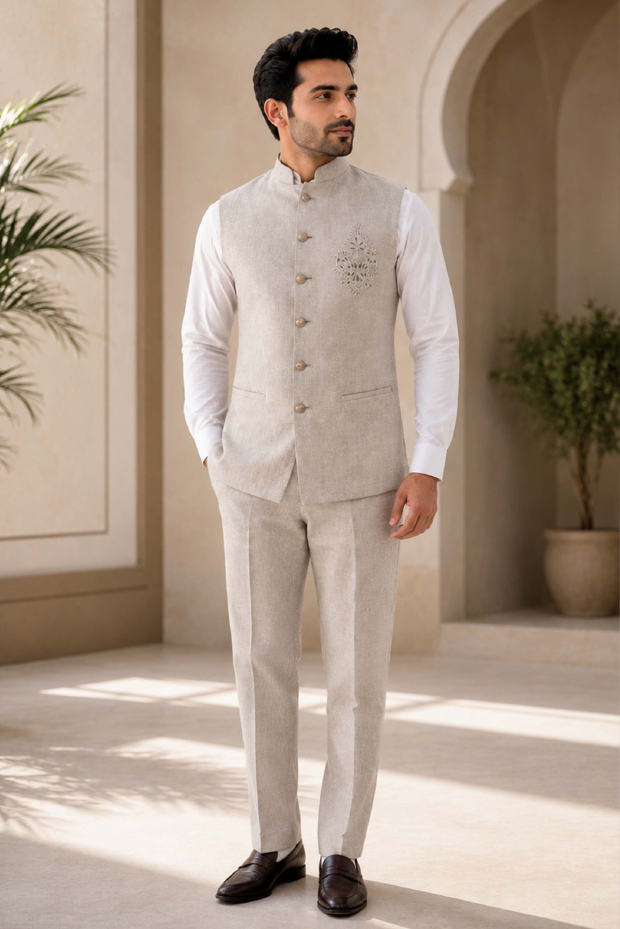 Fawn Jute Linen Plain Jodhpuri Designer Summer Suit for Men