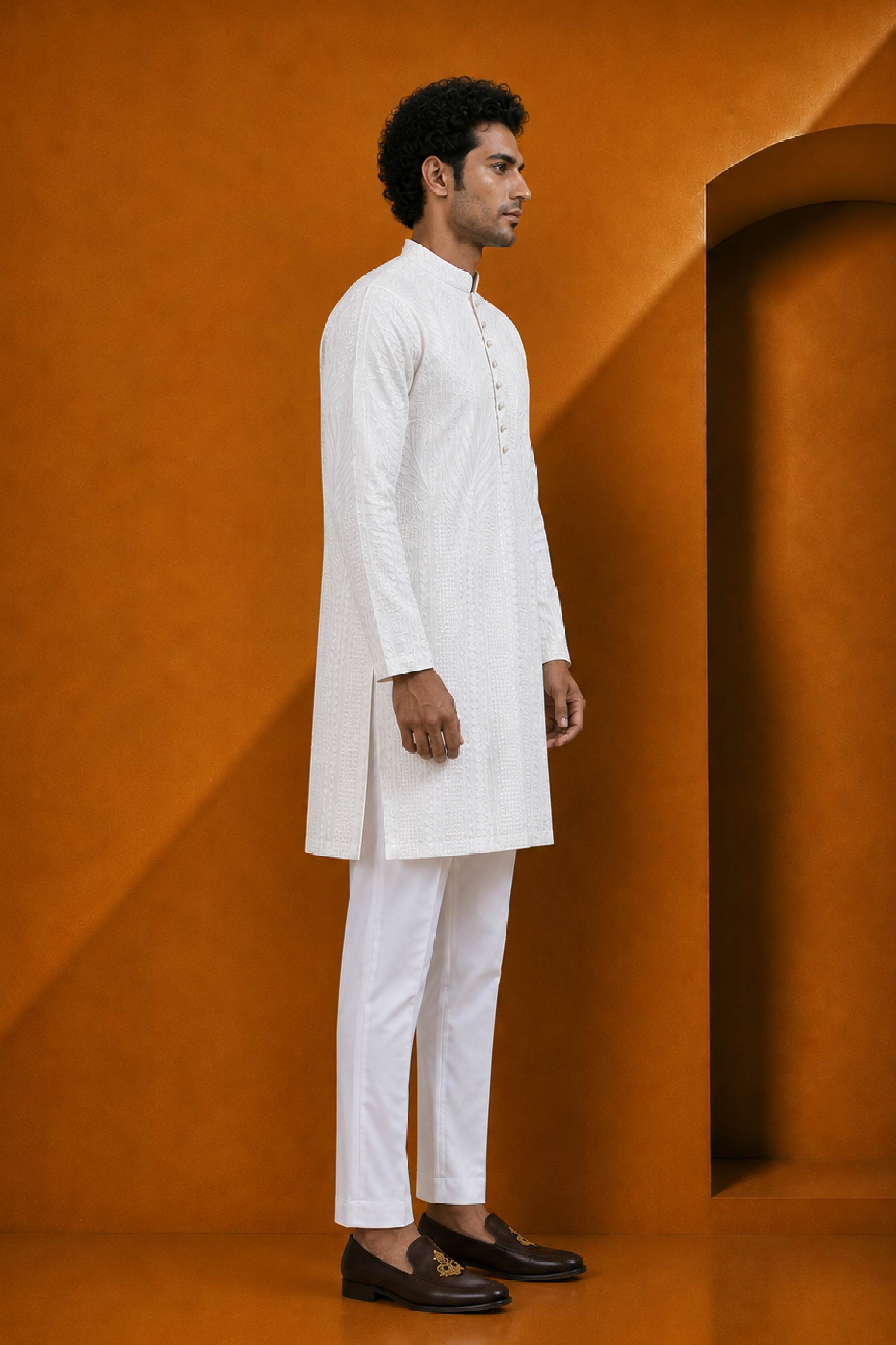 White Lakhnavi Print Kurta Pajama Set