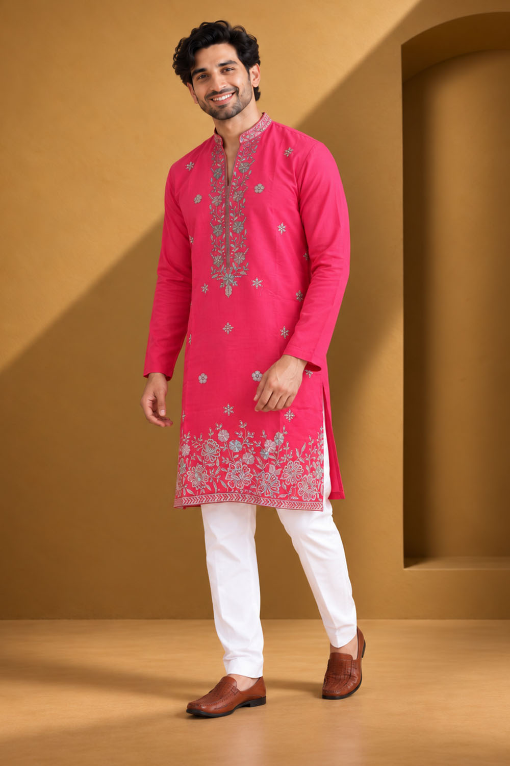 Party Wear Kurta Pajama in Rani with Parallel Pant
